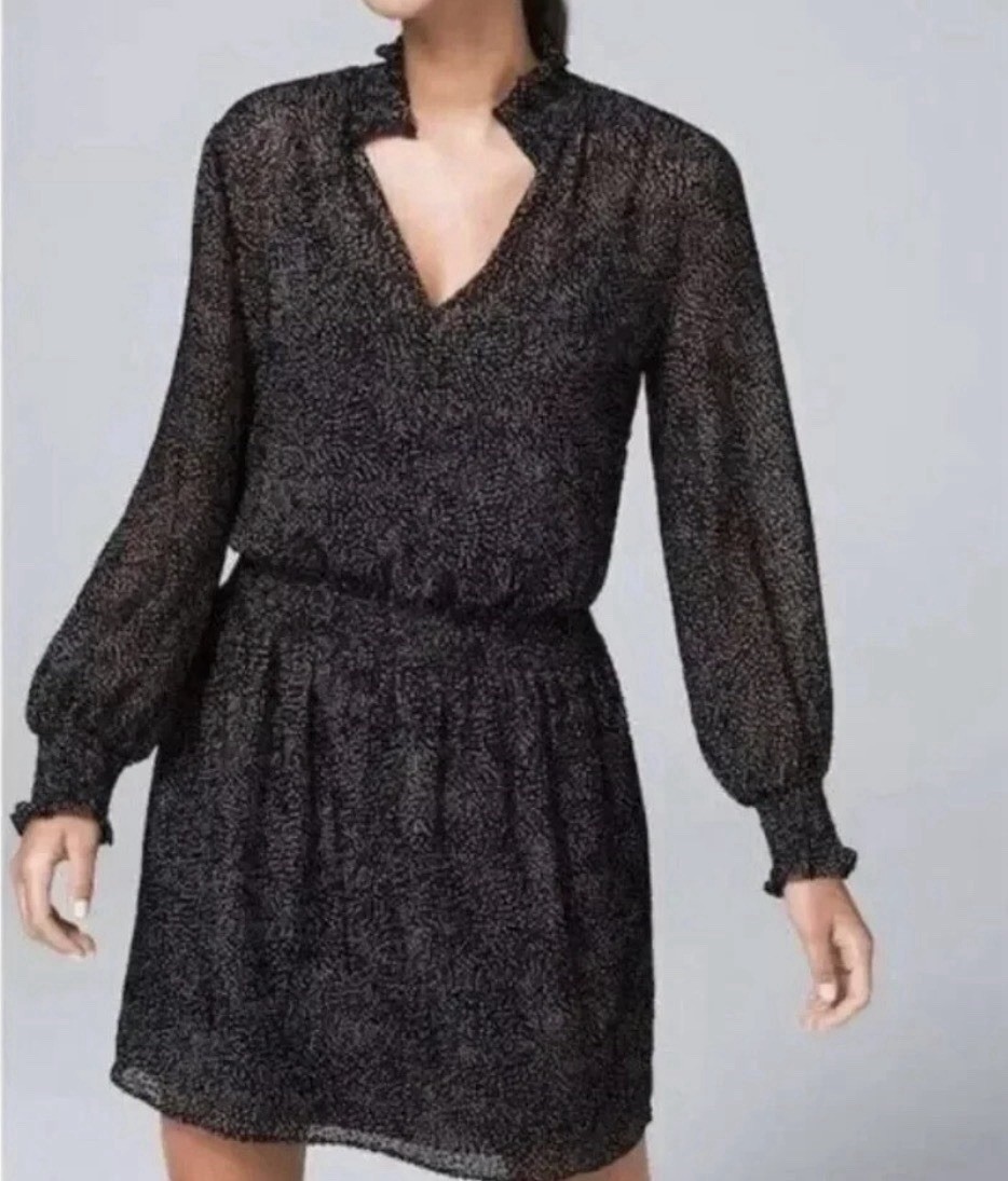 White House Black Market Soft Blouson Flocked Dot Black Mini Dress