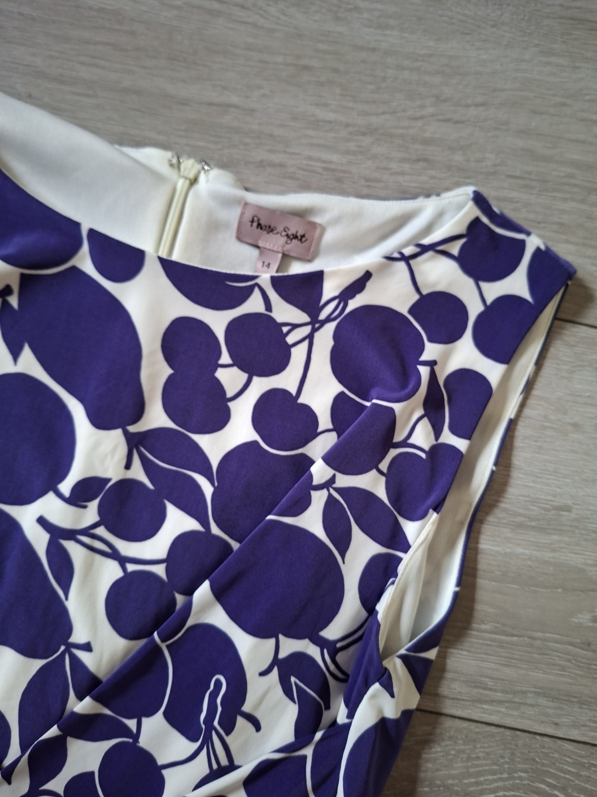 Phase Eight White & Purple Fruit Print Bodycon Dress Shift Ruched Wiggle UK14
