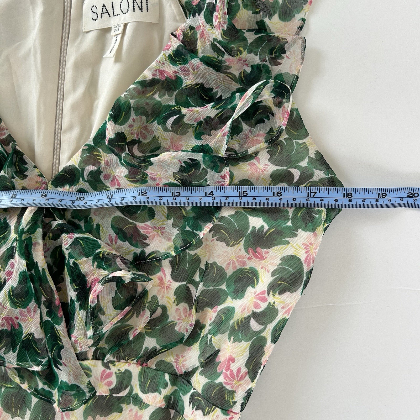 Saloni Rita Printed Silk Ruffle Maxi Dress 6 Floral Chiffon Crinkle Elegant
