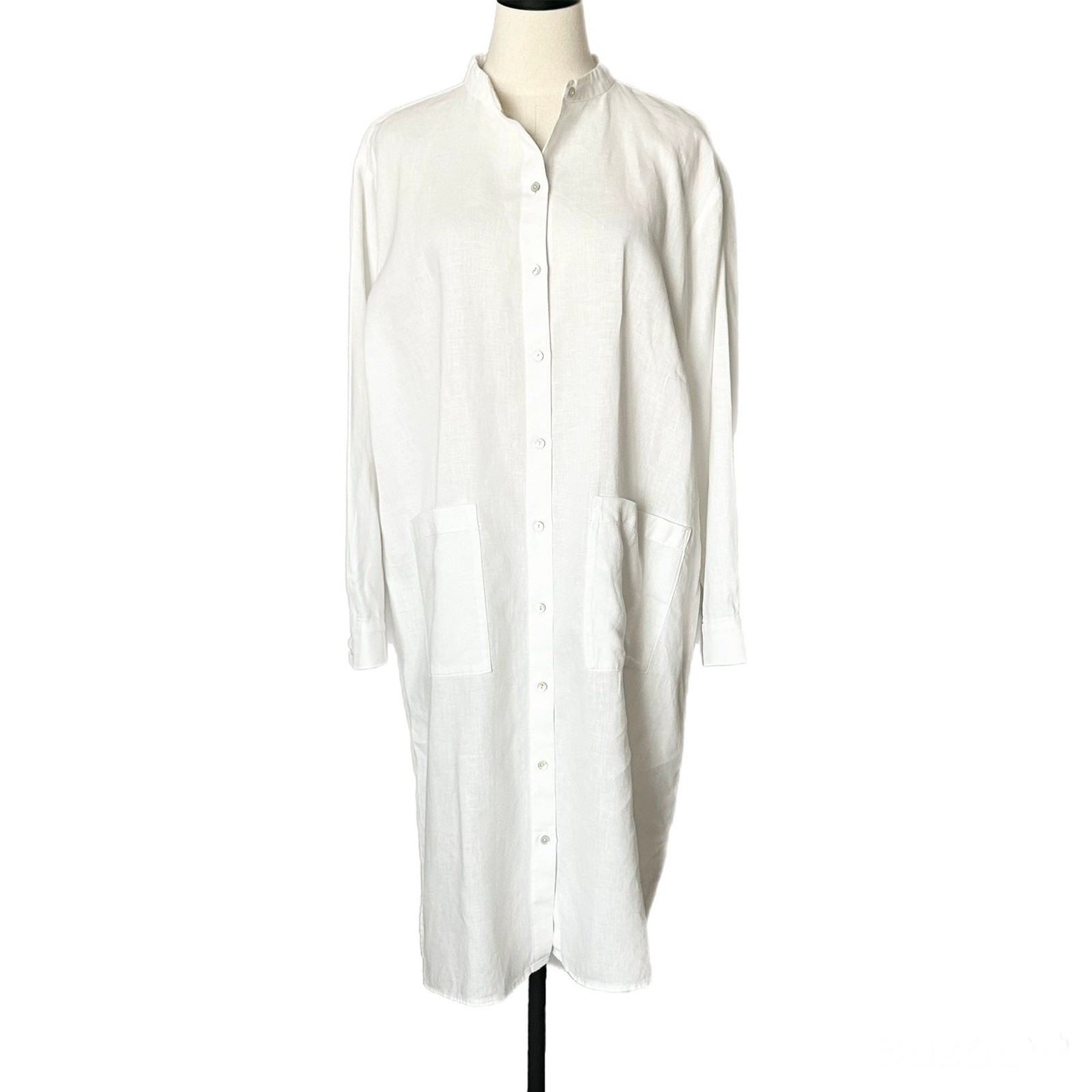 Eileen Fisher White Organic Linen Button Down Shirt Dress Mandarin Collar Large