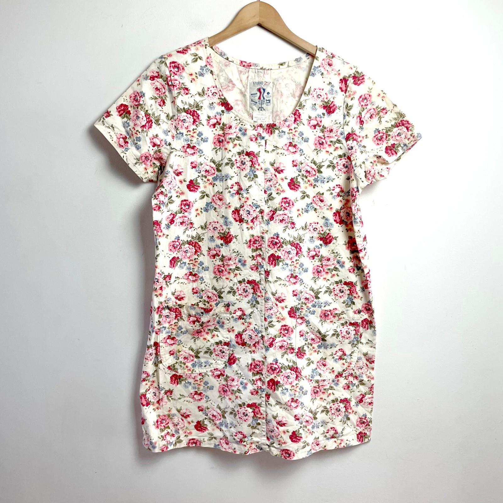 Vintage 90s Cottage Shift Dress sz XL Cotton Canvas Floral Pink Prairie Tunic