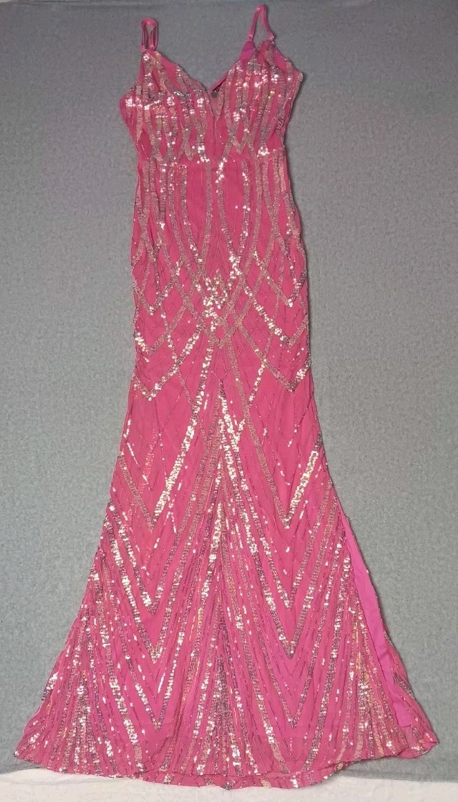Banjul Sequin Mermaid Fit And Flare Maxi Dress Womens Size Small Pink With Rose