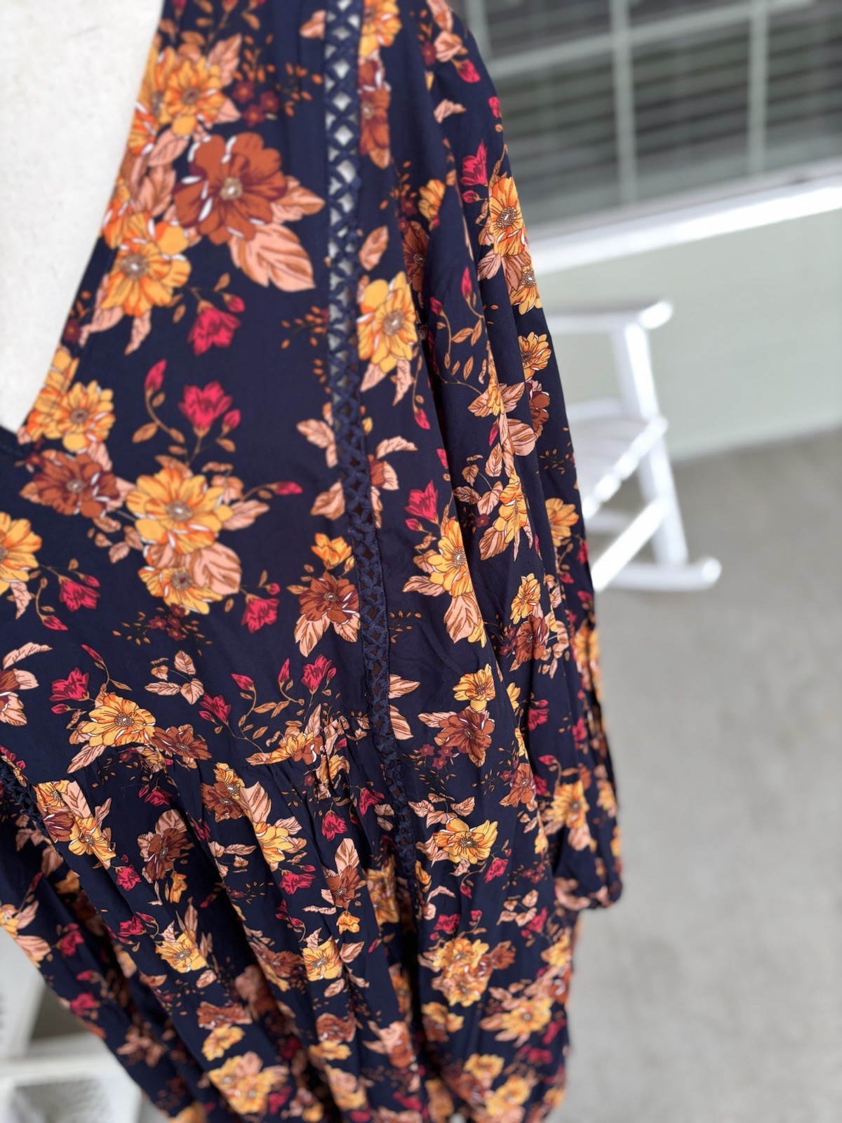 NWT Rusttydustty Dress Womens 1X Boho Long Sleeve Navy Floral V Neck Botique