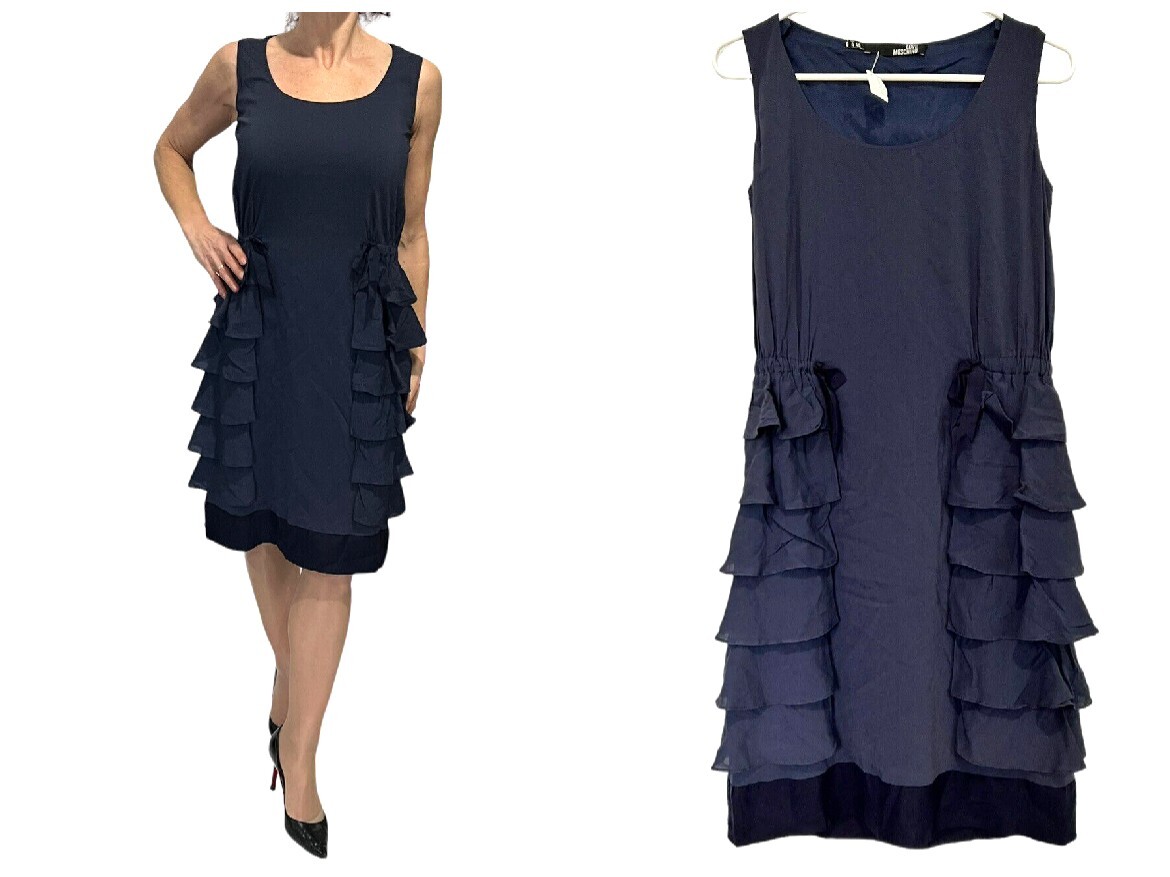 LOVE MOSCHINO NAVY BLUE SLEEVELESS SIDE CINCH RUFFLE FRILLY DRESS 4