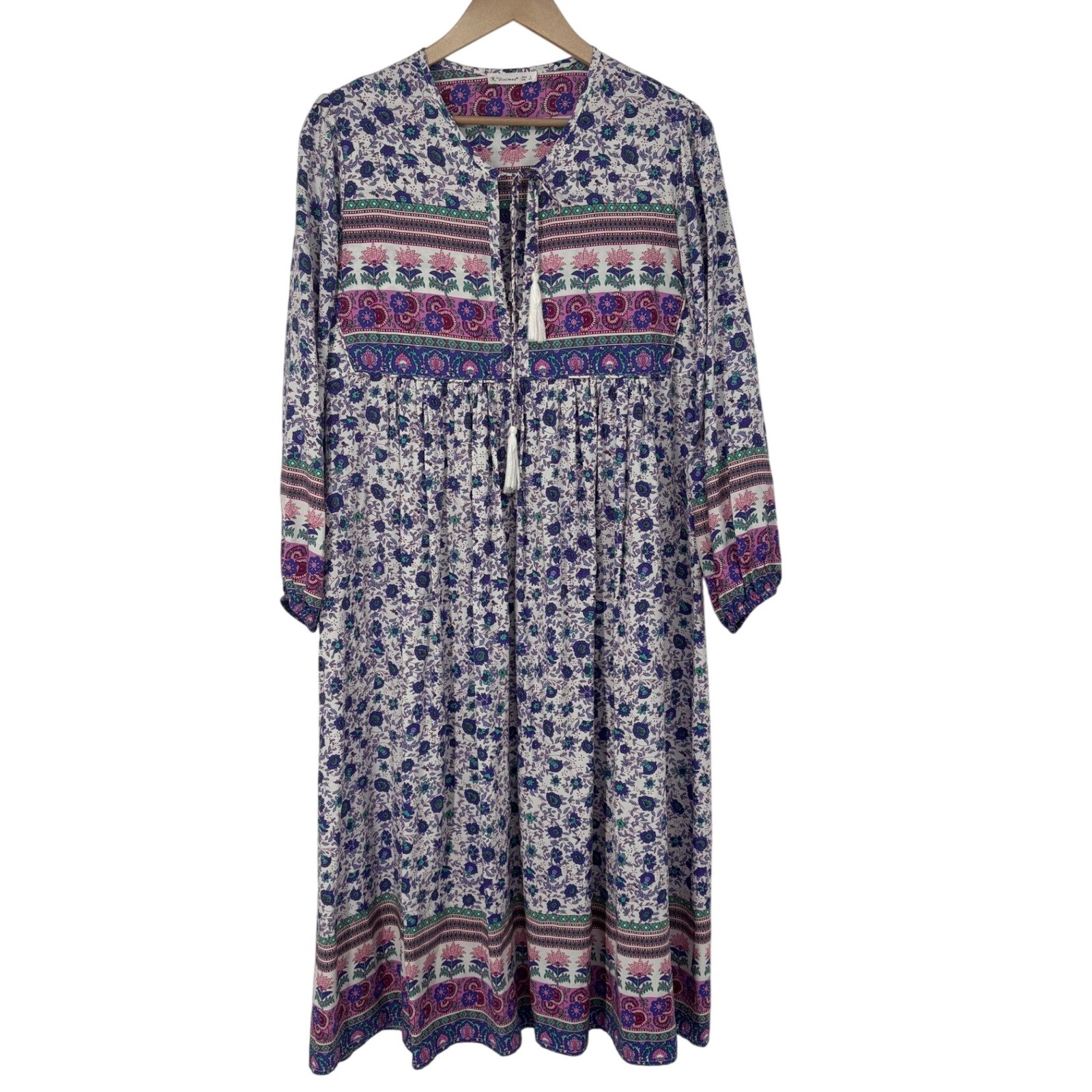 R.Vivimos Women Purple Floral Boho Chic Midi Dress Tassel Tie S Colorful Resort