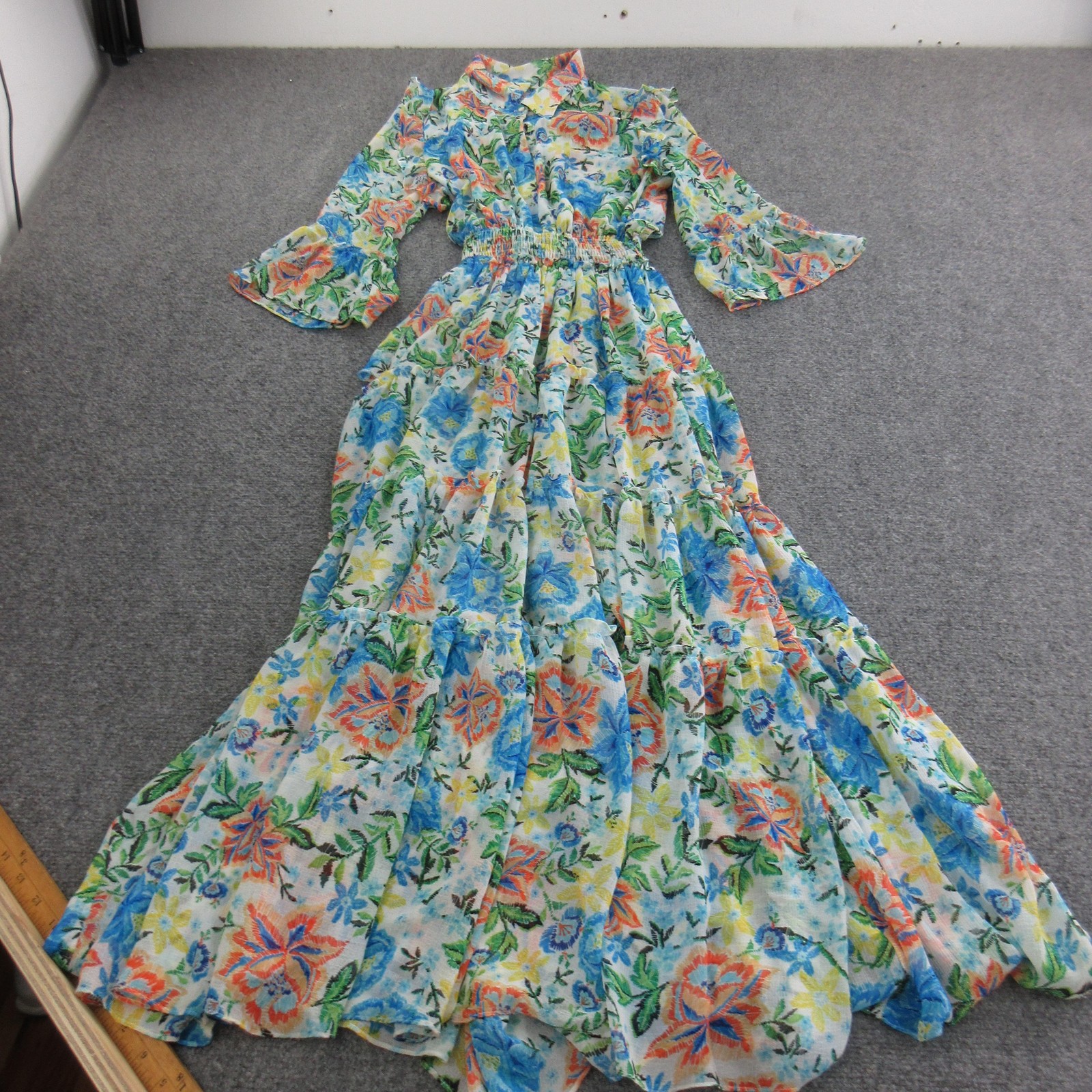 Misa Los Angeles Dress Womens S Multicolor Floral Chiffon Maxi Smocked Boho