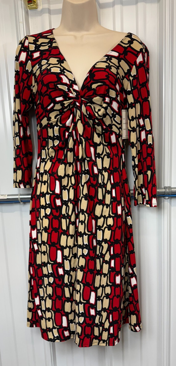 Y2K Deep V-Neck Retro Knot Front 3/4 Sleeve Bold Graphic New Old Stock stretch
