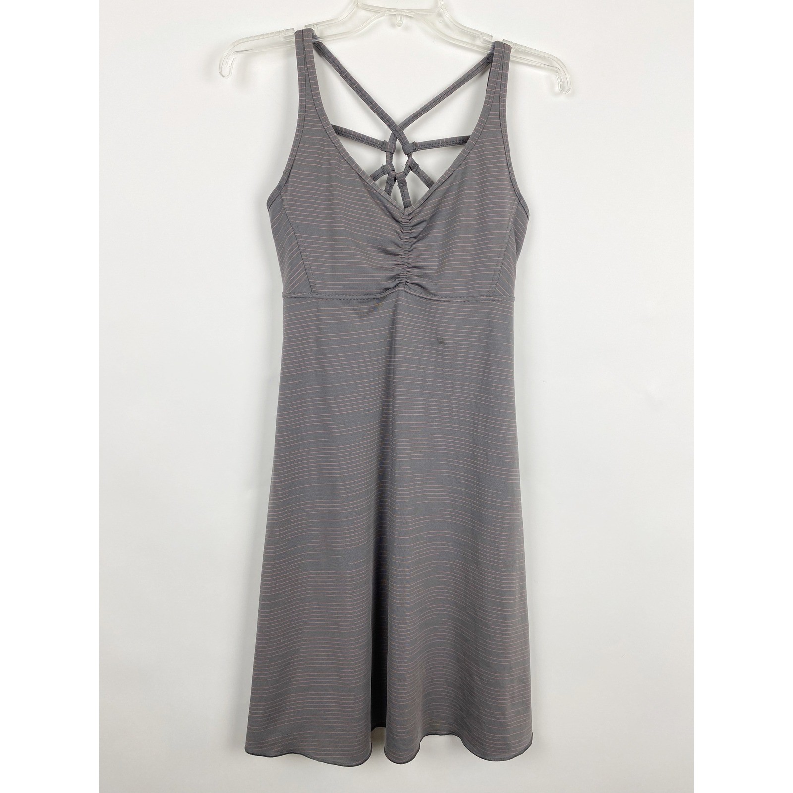 Prana Dreaming Strappy Lattice Back Shelf Bra Active Dress Womens S Gray Stripe
