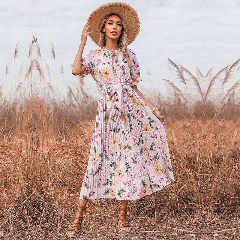 Ruffle Neck Pleated Dress