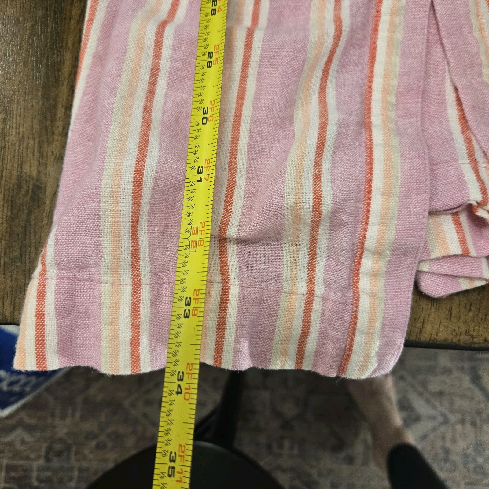 Pink Striped Smocked Linen Blend Midi Dress Tie Shoulder Button Summer Beach S