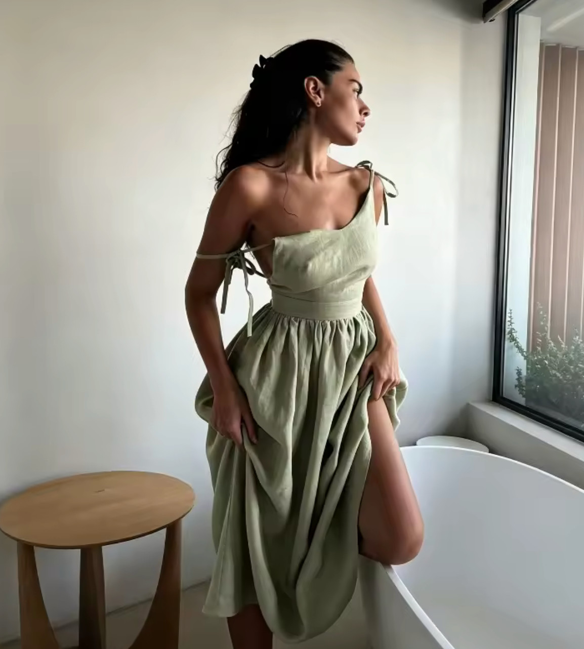 Green 100% Cotton Midi Dress Open Back Size S