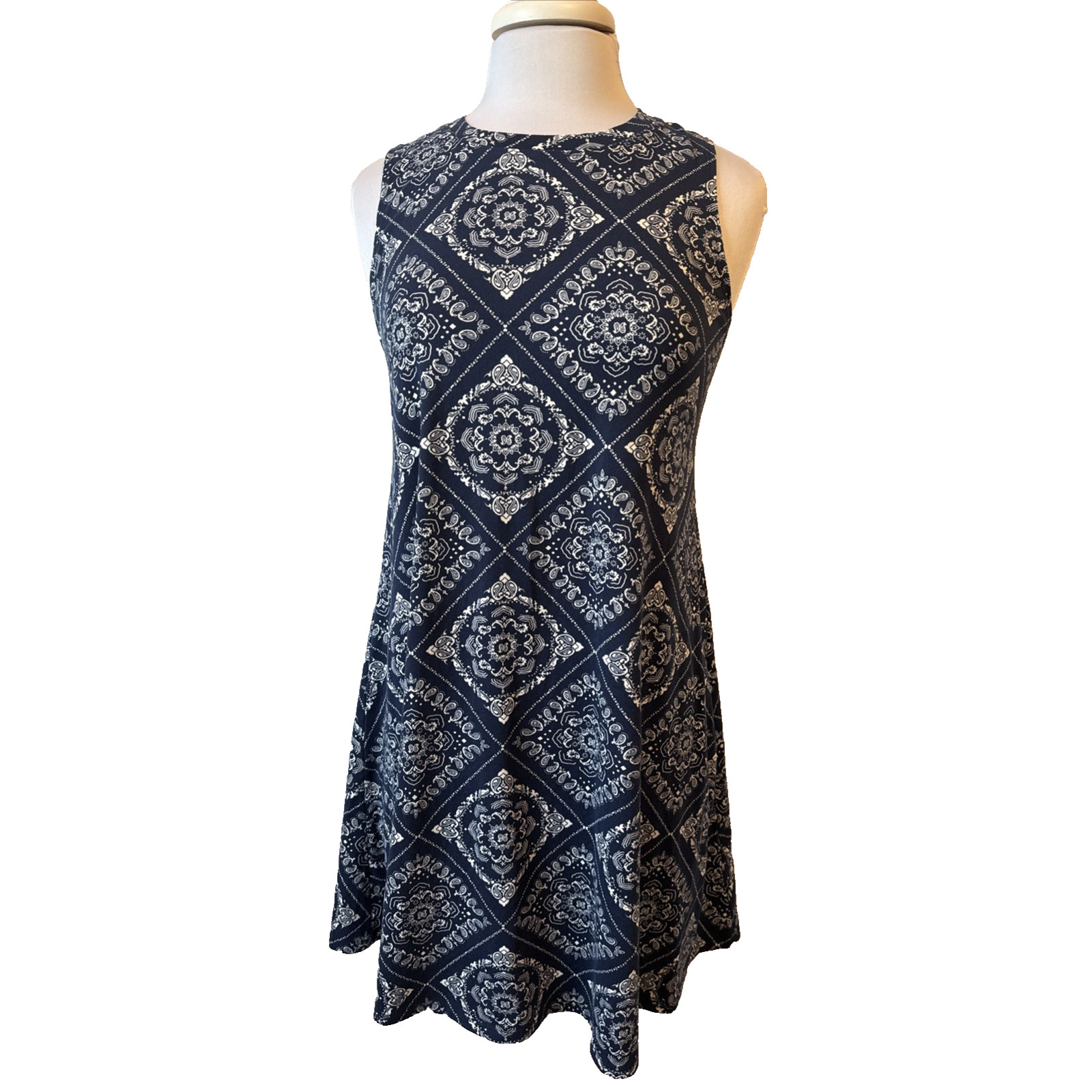 Fortune Ivy Blue Floral Sleeveless Shift Dress Women’s M Boho Bandana Cottage