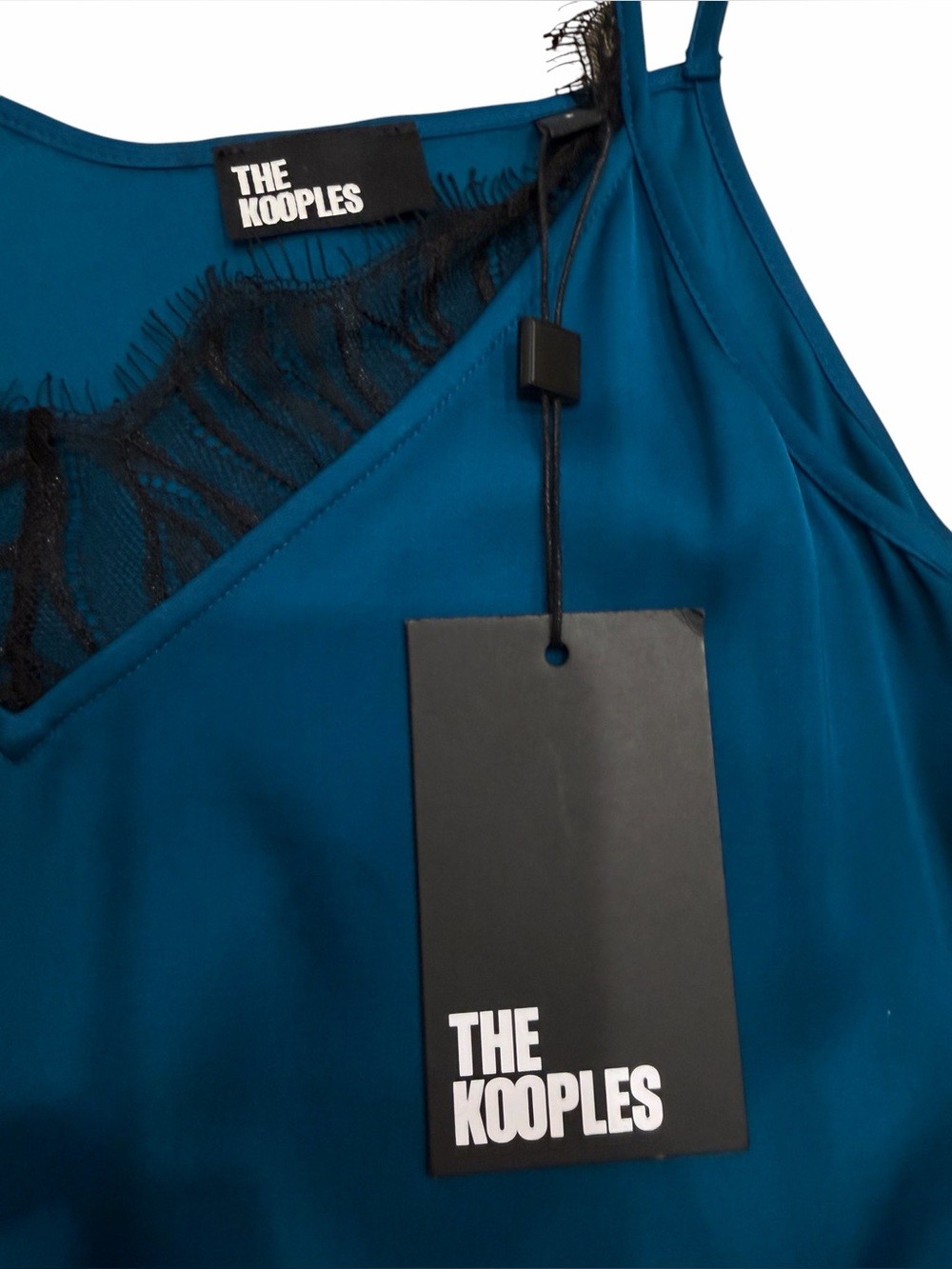 The Kooples NWT Teal Slip Dress with Black Lace Trim