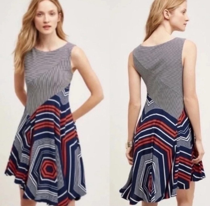 Anthropologie Maeve Cameron Dress Size S Striped Mixed Media Asymmetrical Swing