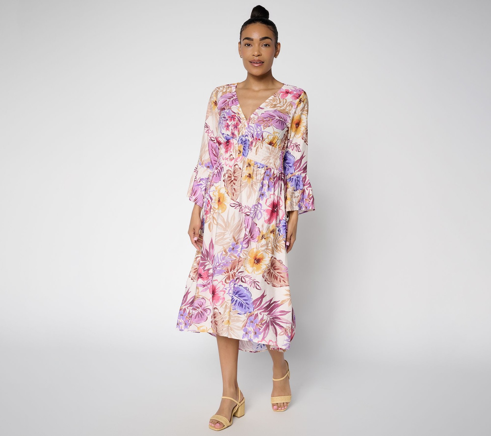 Susan Graver Regular Printed Dolce Woven Smocked Waist Midi Dress Stone Orchids