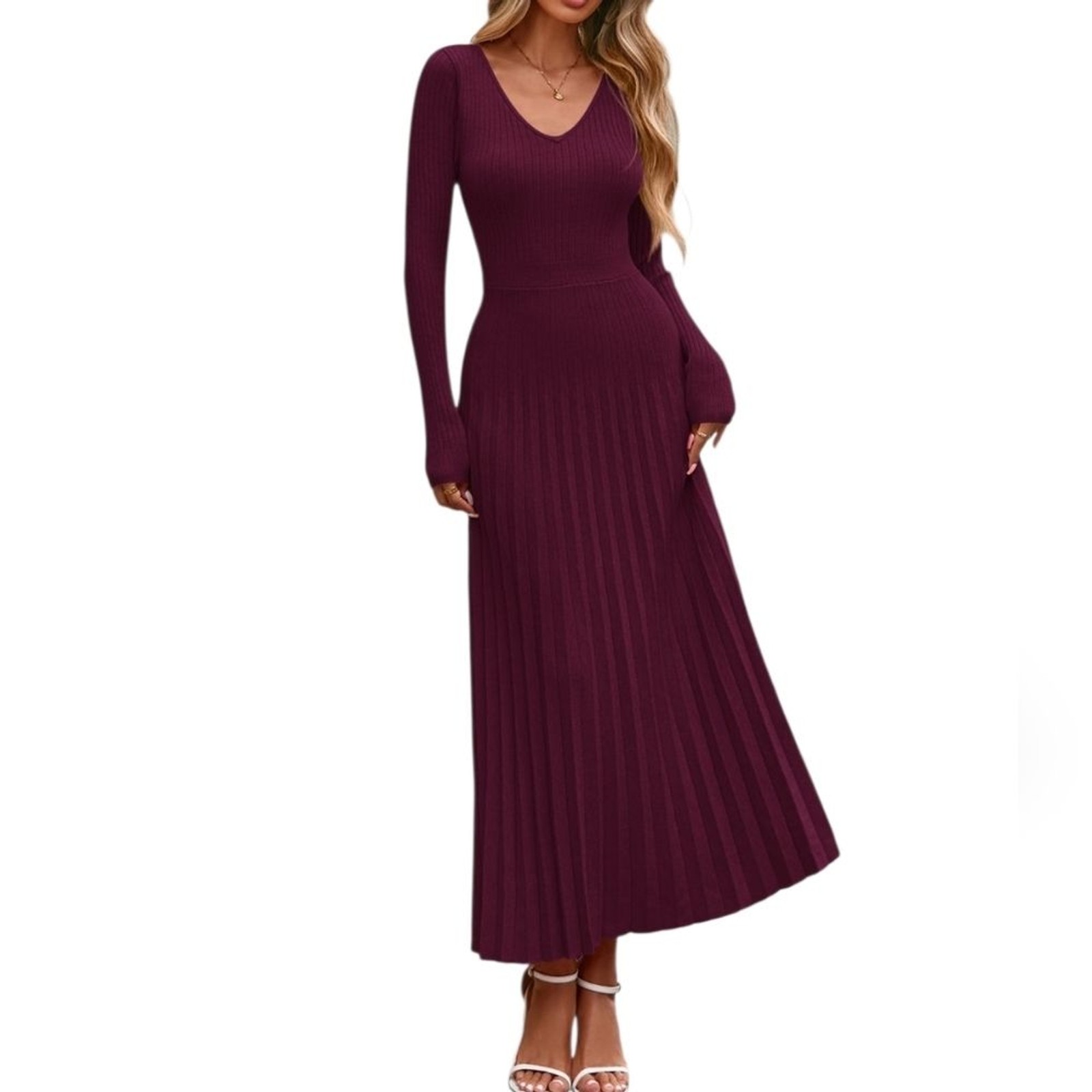 PrettyGarden Women’s Elegant Burgundy Ribbed Knit Maxi Sweater Dress Size L