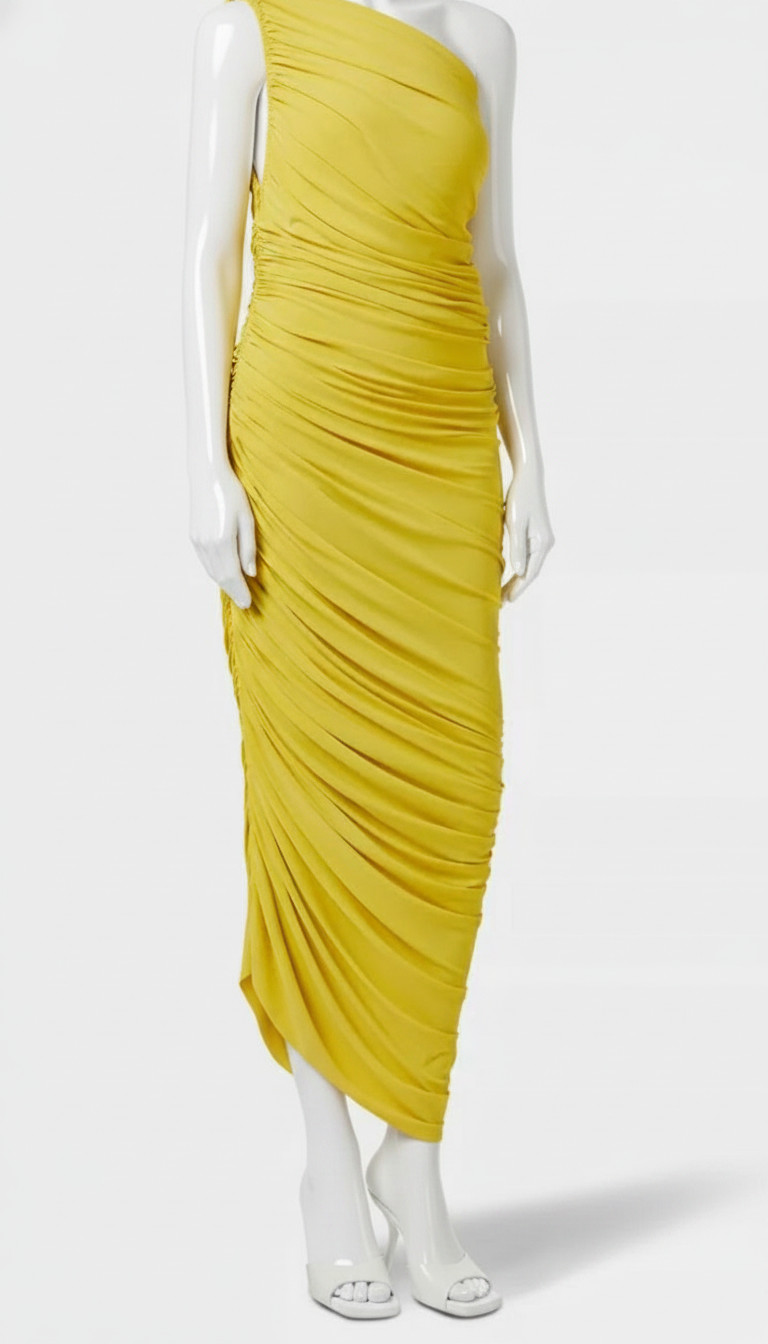 Norma Kamali Women’s Yellow One Shoulder Ruched Diana Gown Dress Size S