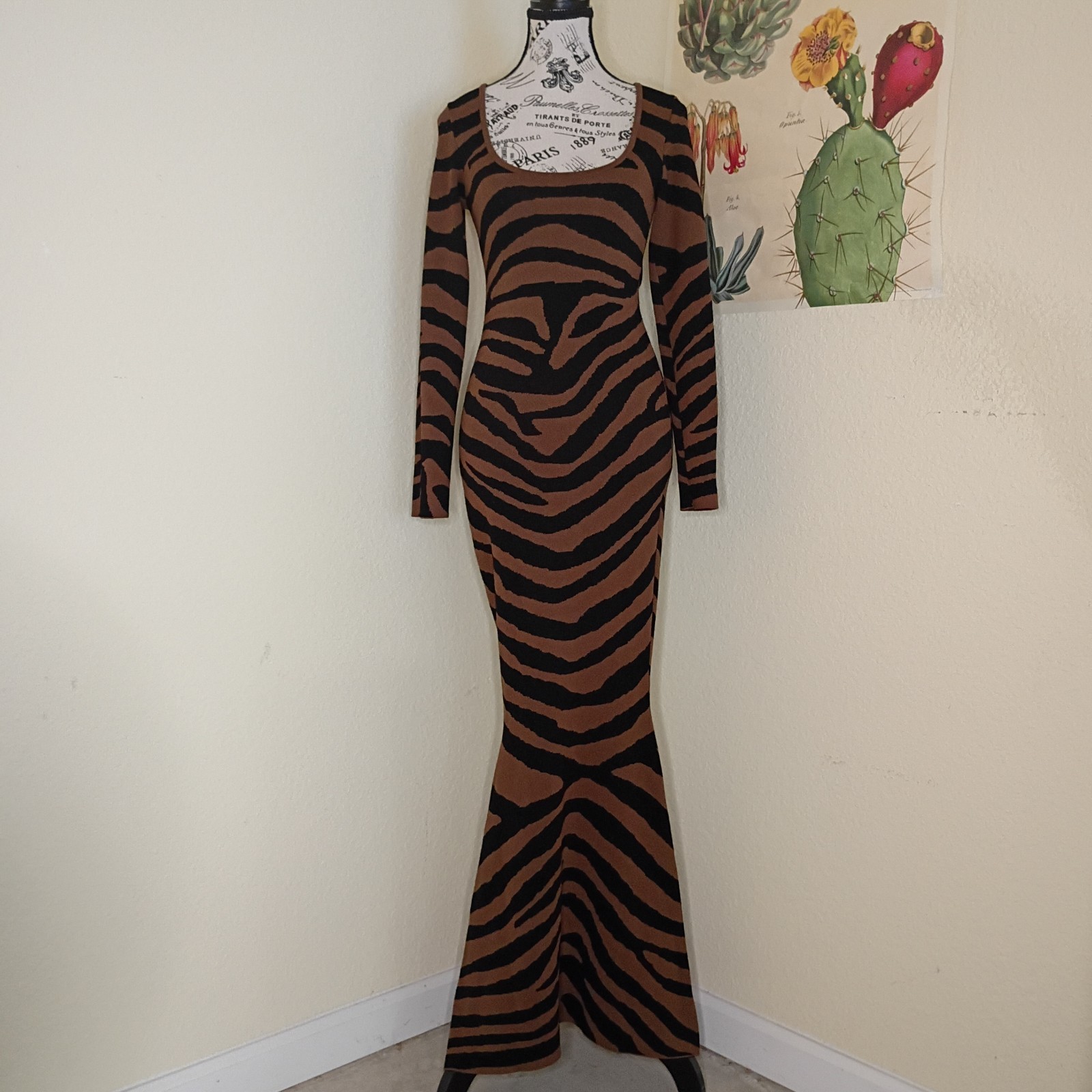 Fashion Nova Brown/Black Zebra Animal Print Square Neck Maxi Bodycon Dress S