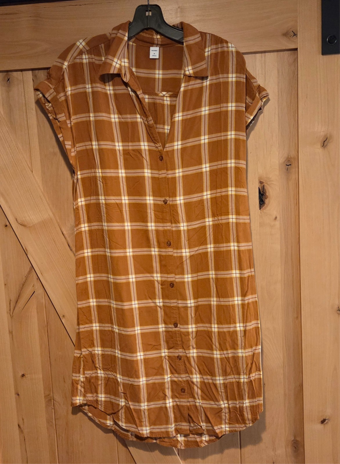 Plaid Shirt Dress OLD NAVY Women’s Size M Short Sleeve Yellow Brown Knee Length