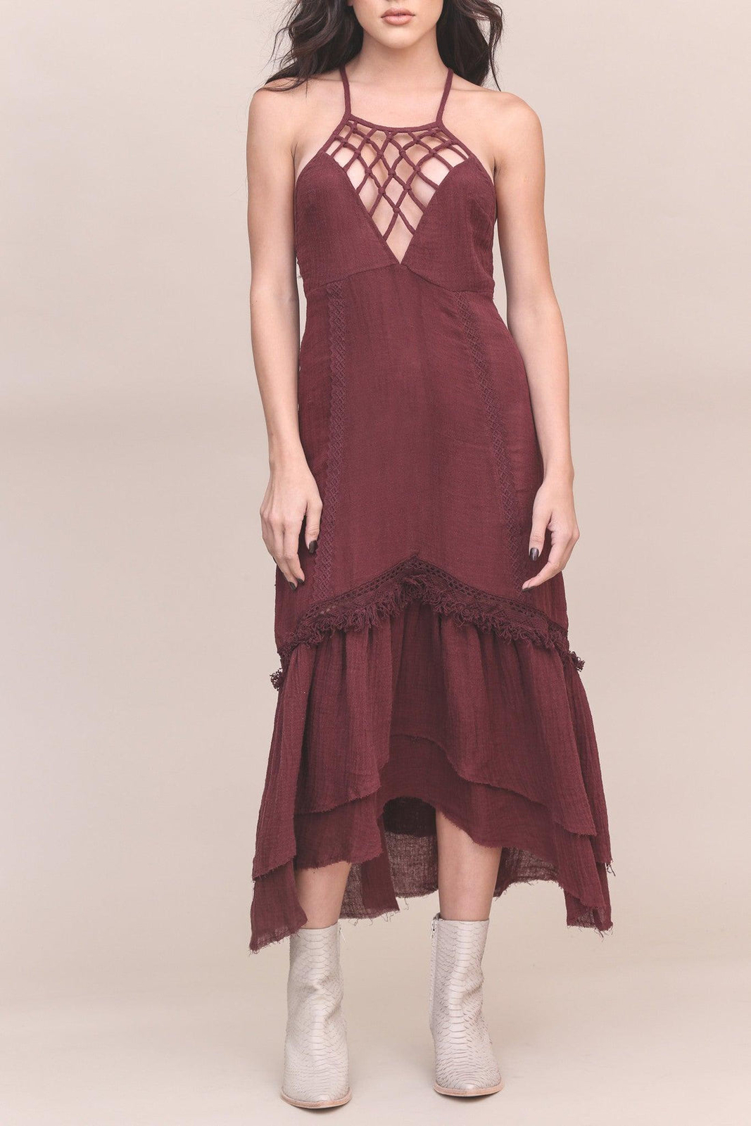 NWT~SOME DAYS LOVIN~Eggplant CROCHET & FRINGE Macrame BOHO Linen DRESS~S~NEW!