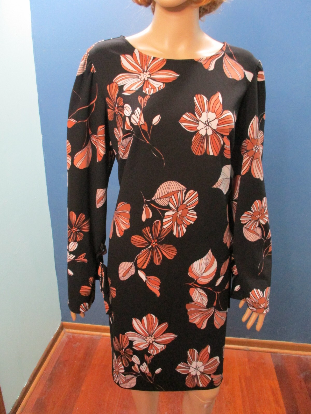 size 14 black and rust floral zip up knit sheath retro mod dress by NINE WEST