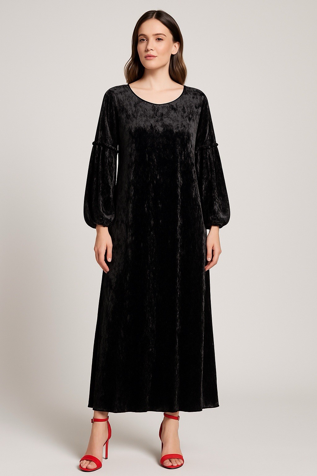 Over Size autumn & winter solid color velvet slim long sleeve black Dress (L/XL)
