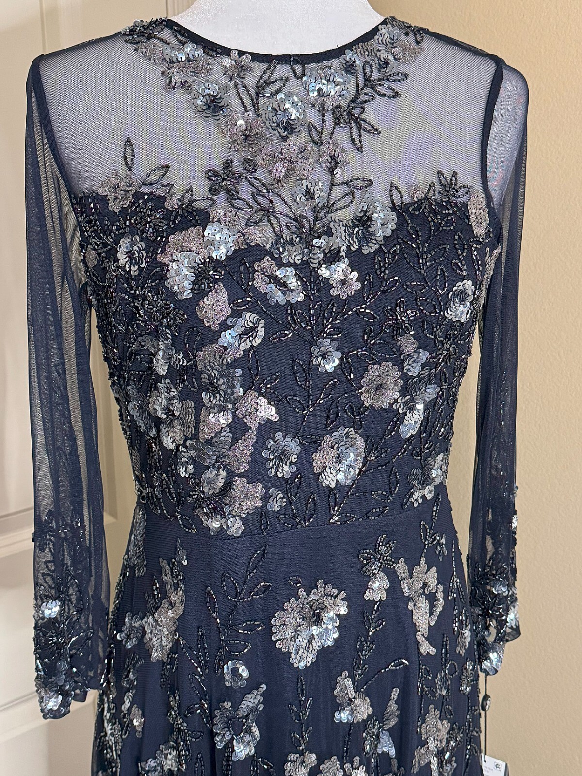 Adrianna Papell Floral Sequin Beaded Sheer Navy Dress NWT Size 6