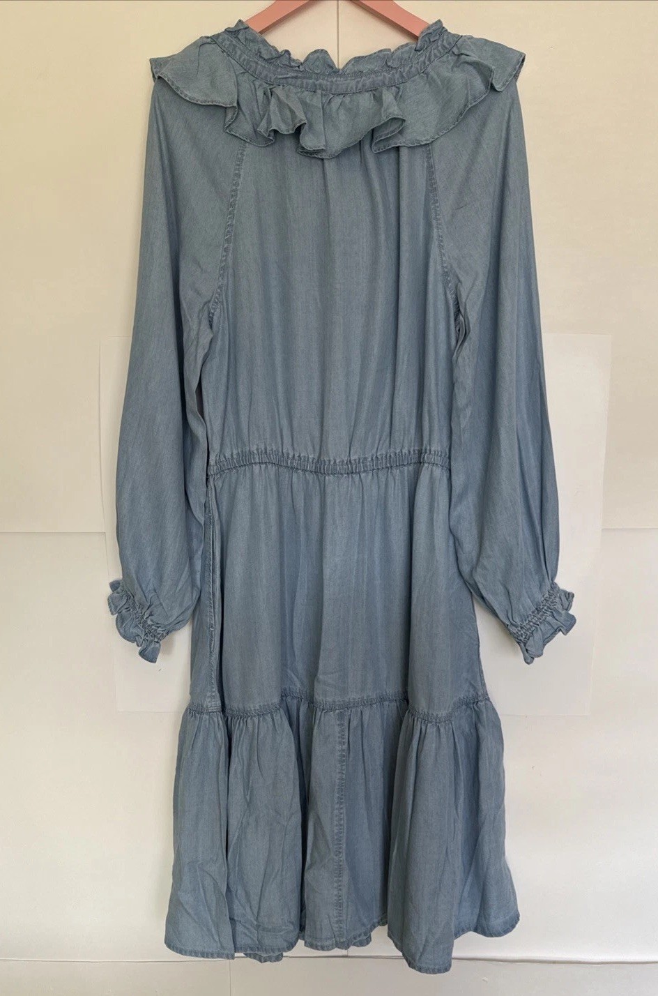 Lauren Ralph Lauren Chambray Dress Ruffle Neckline Tiered Skirt Size10 NWT