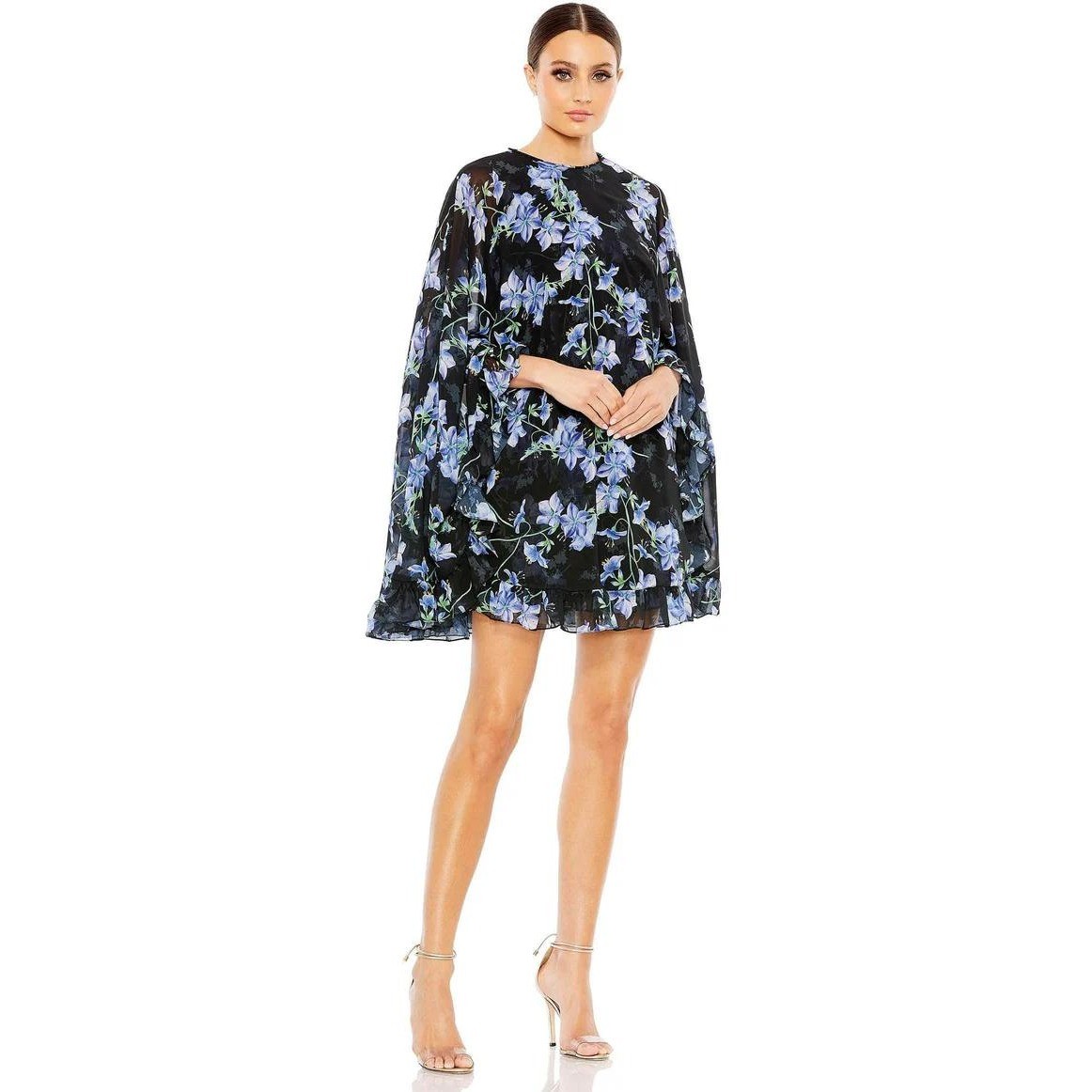 Mac Duggal Black Blue Floral Cape Cocktail Dress 56028 Size 2 NWT