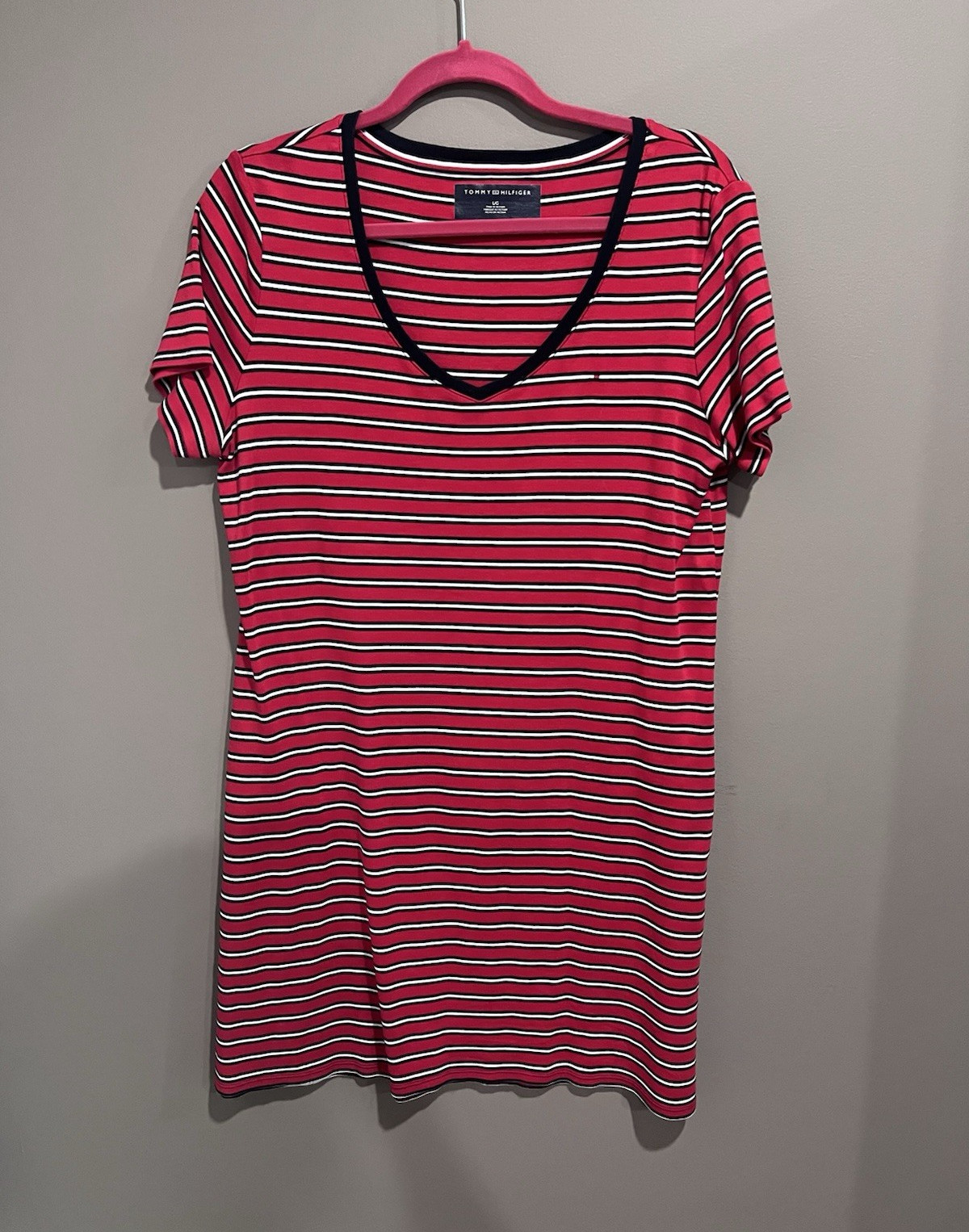 Tommy Hilfiger Women Striped V-Neck Short Sleeve T-Shirt Dress L/G Red