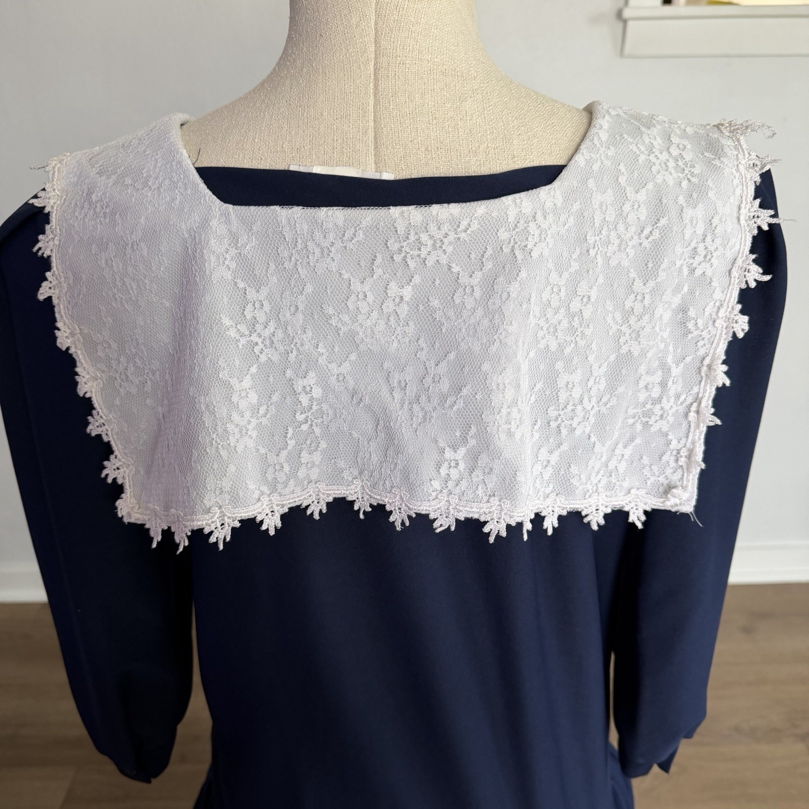 Vintage 90s Lace Sailor Collar Midi Dress Navy Drop Waist Pleated USA Made Sz 11