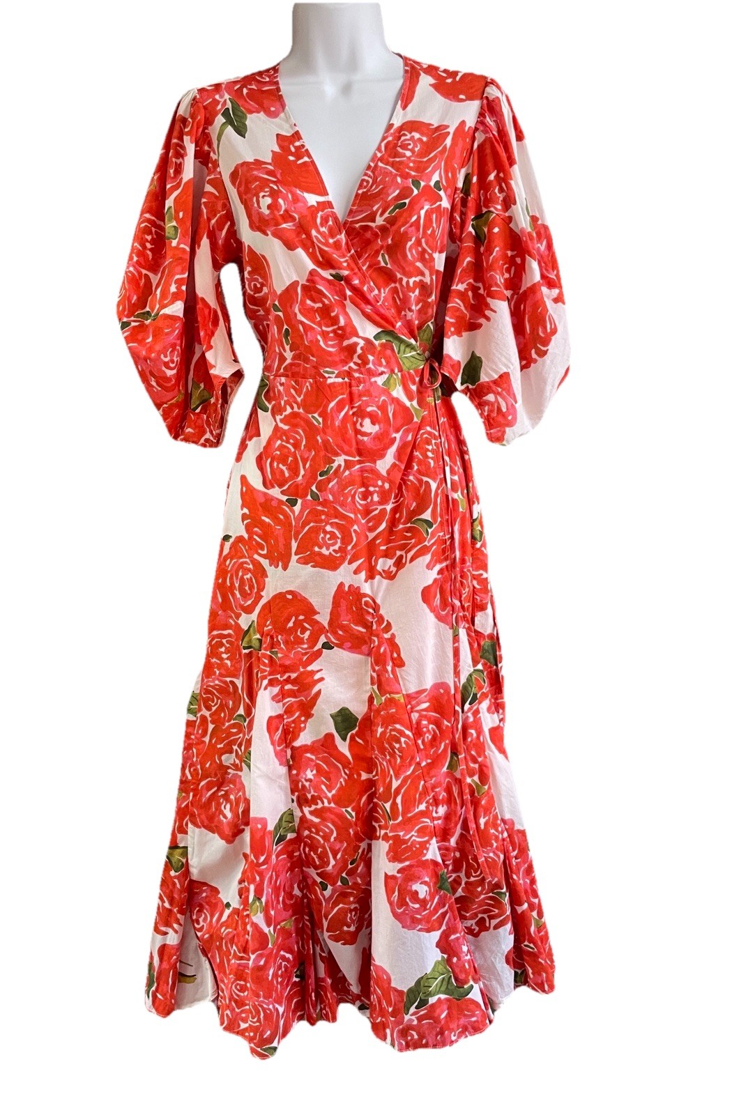 New Rhode Resort Floral Fiona Wrap Midi Dress Small S Rose Bouquet Cotton $445
