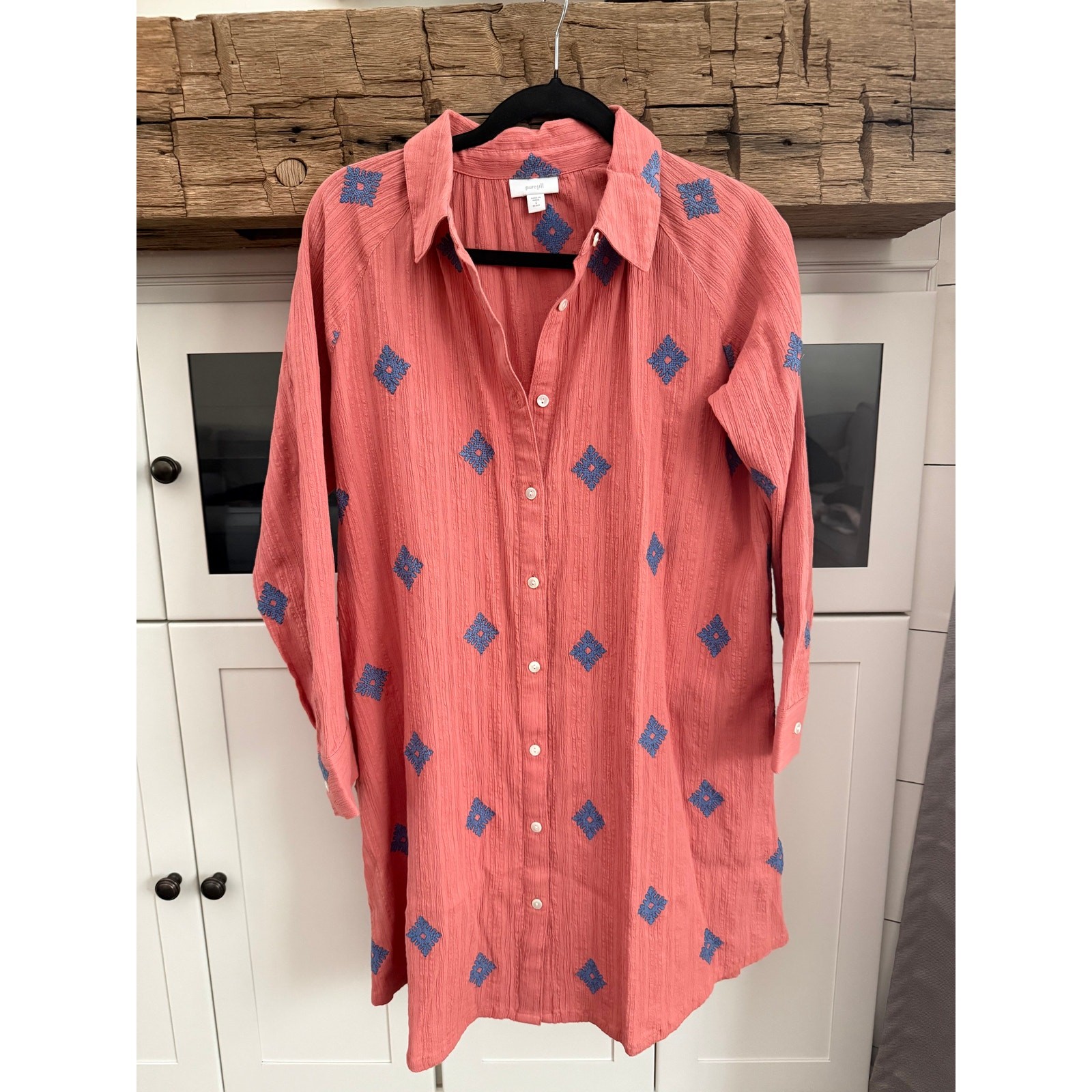 Pure Jill Embroidered Shirtdress Coral Blue Diamond Crinkle Cotton Petite S