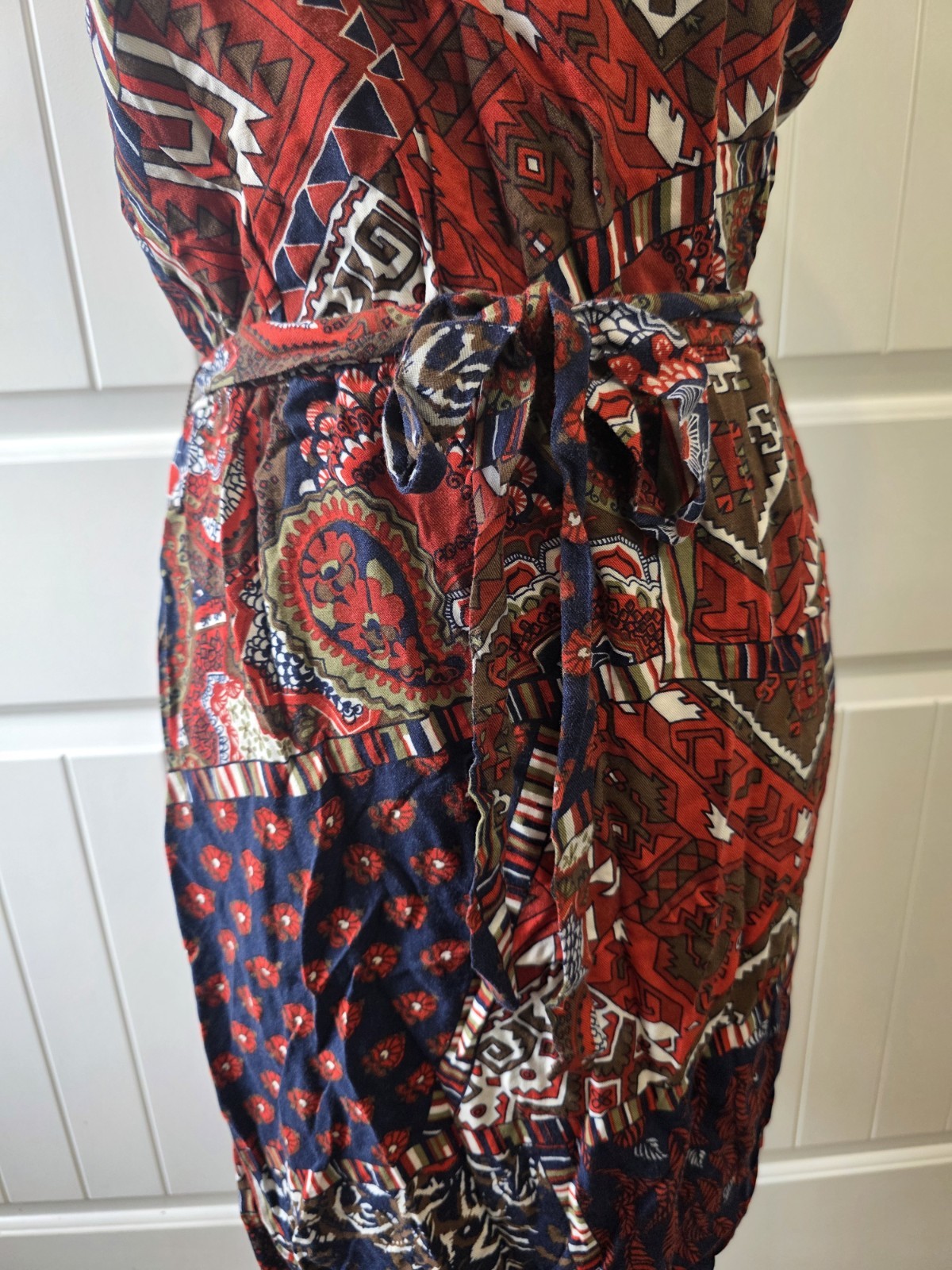 Lucky Brand NWT Patchwork Print Sleeveless Tie Waist Sz M Dress Boho Rayon
