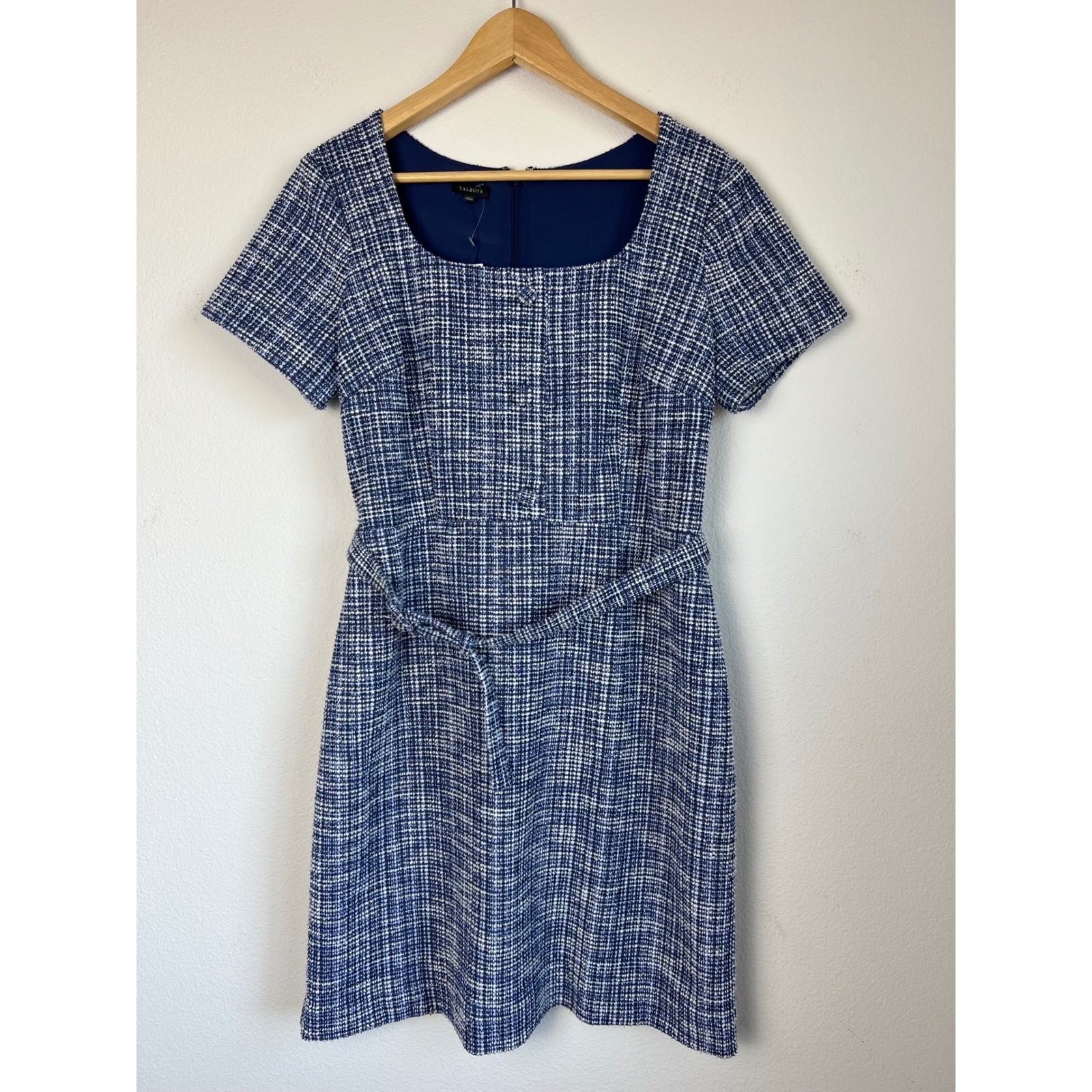 Talbots Tweed Dress Womens 12 Blue White Boucle Belted Sheath Academia Career