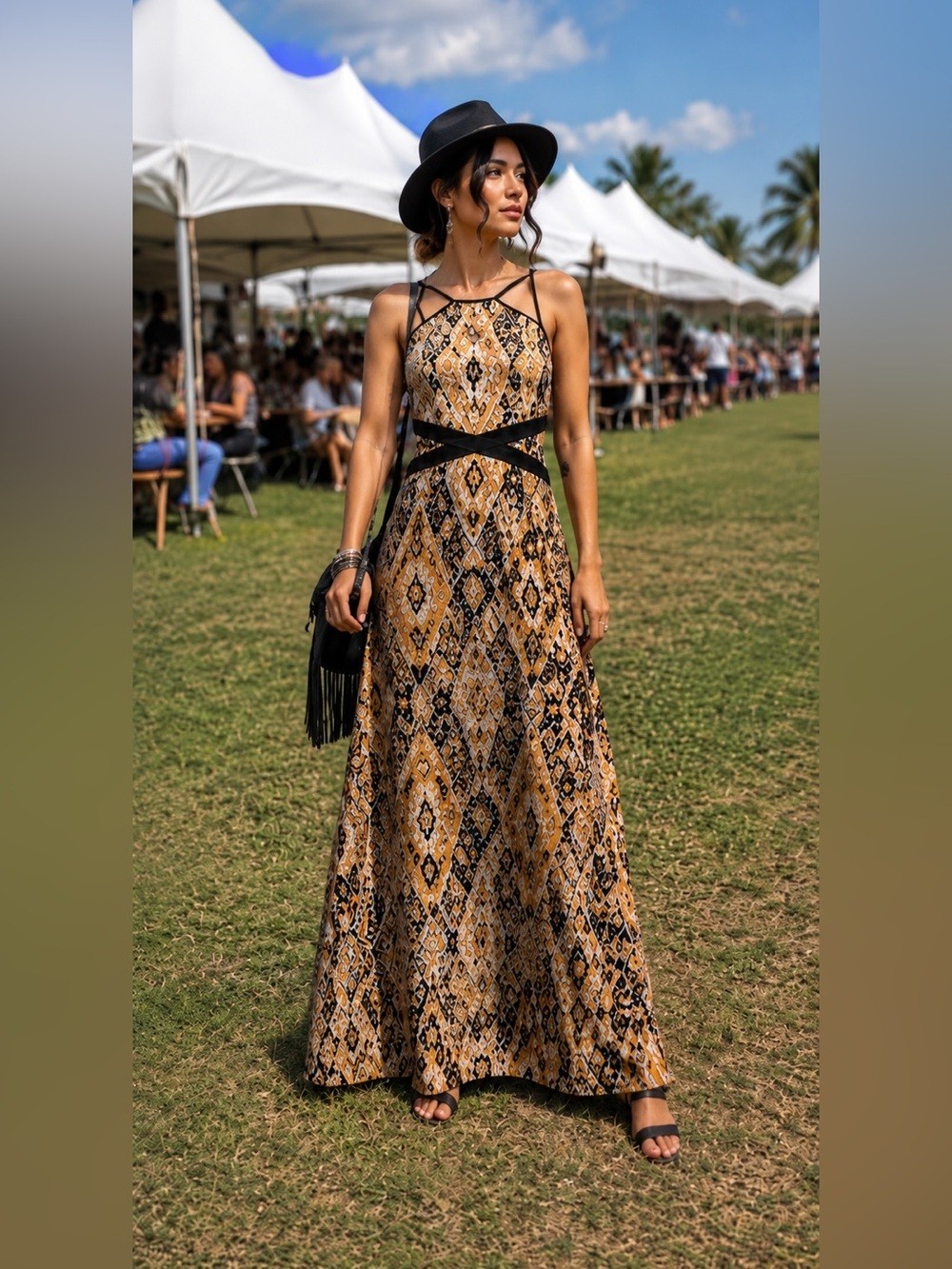 Forever 21 Orange/Peach Long Length Dress with Black Trim XS