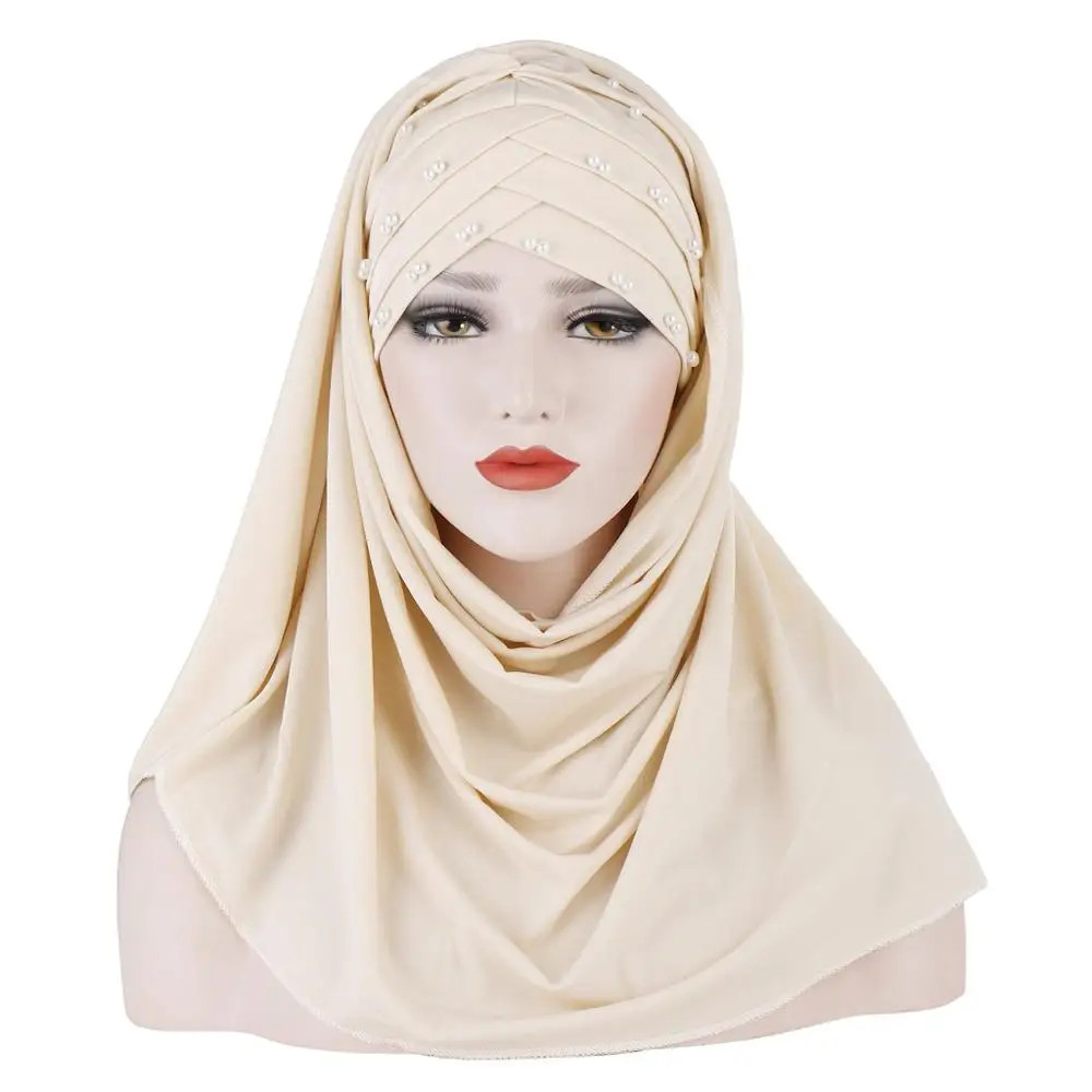 2019 Muslim Cotton Scarf Plain Hijabs With Bead Shawls And Wraps Femme Musulman