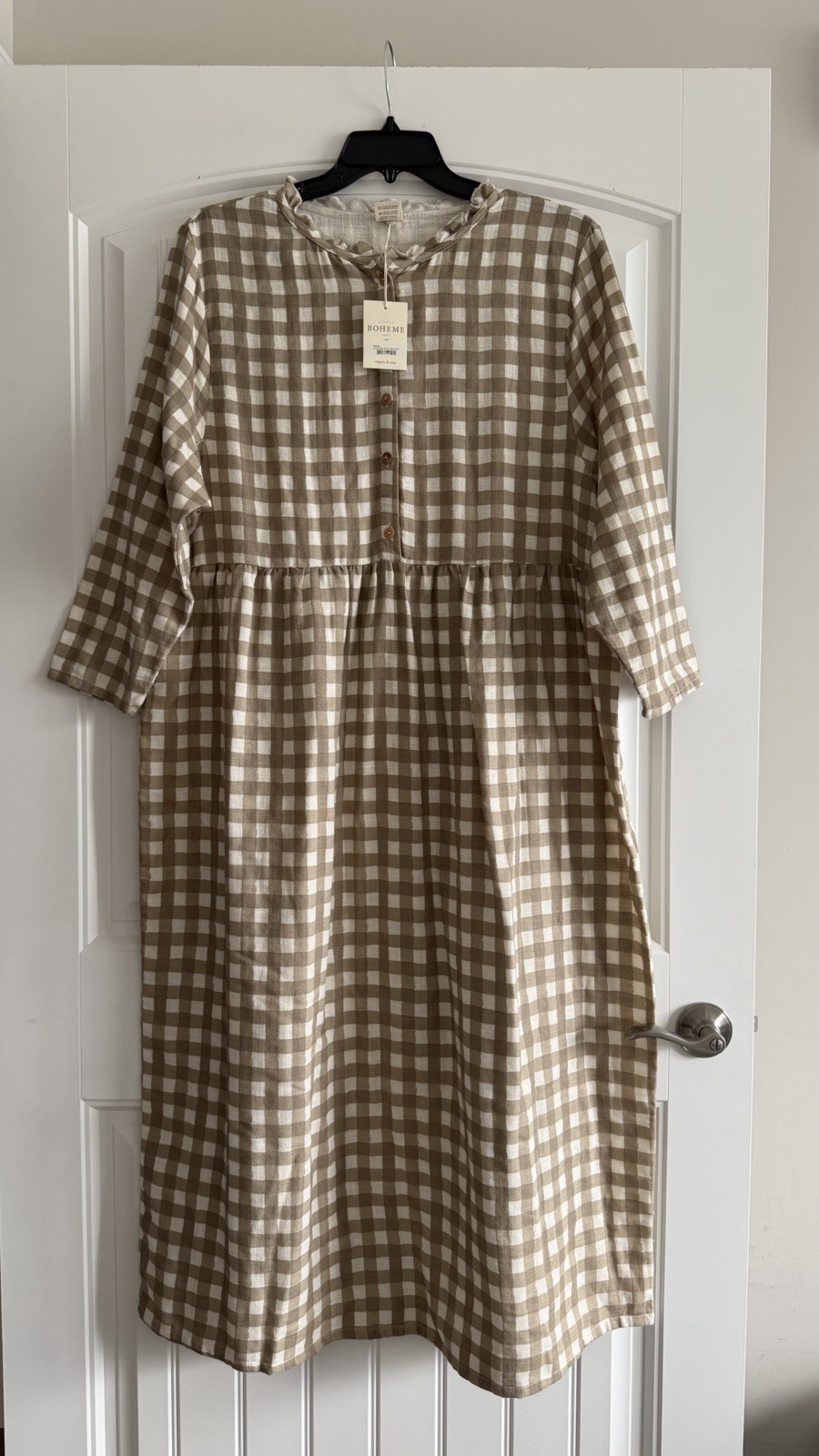 BOHEME 100% ORGANIC COTTON GRAY PLAID RUFFLE COLLAR DRESS SZ L MADE IN PORTUGAL