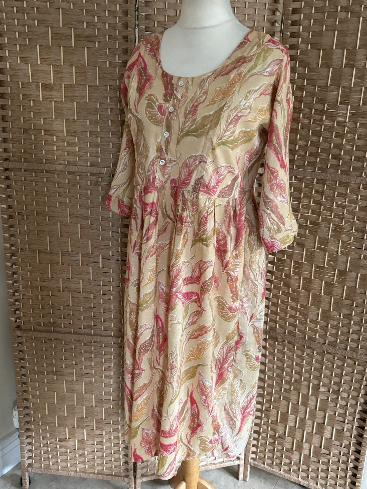 HOOH Pink Tan FOLIAGE Print BUTTON Tie Back NURSING Dress 12 14 L42” ARTY Zips