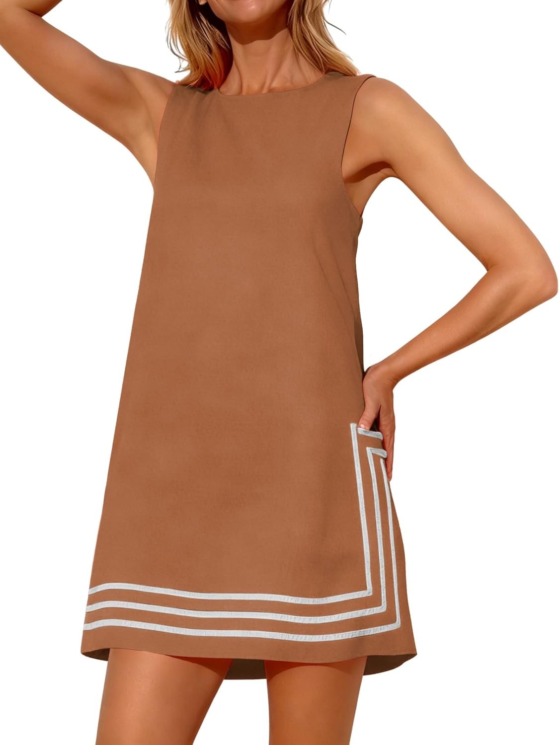 Womens Summer Boho A-Line Mini Dress Sleeveless Sundress Color Block Beach Cover