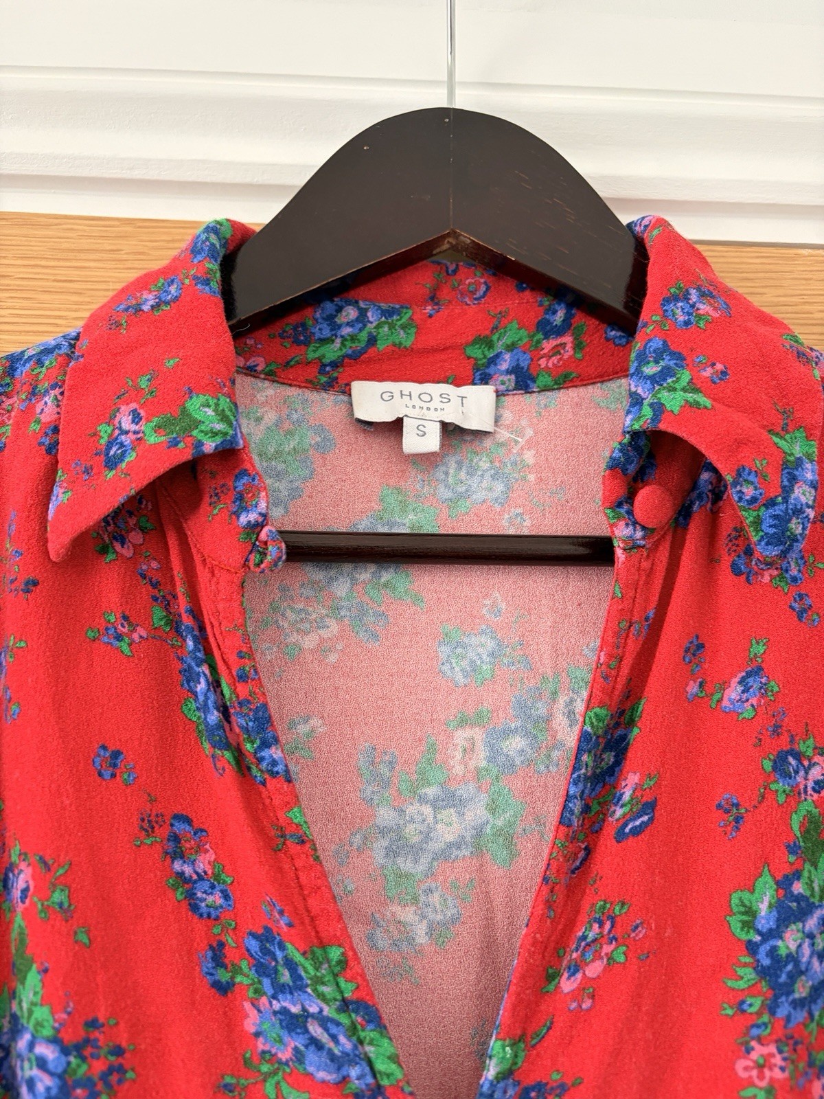 Ghost London Size S Red & Blue Ditsy Floral Collar V-Neck Midi Dress