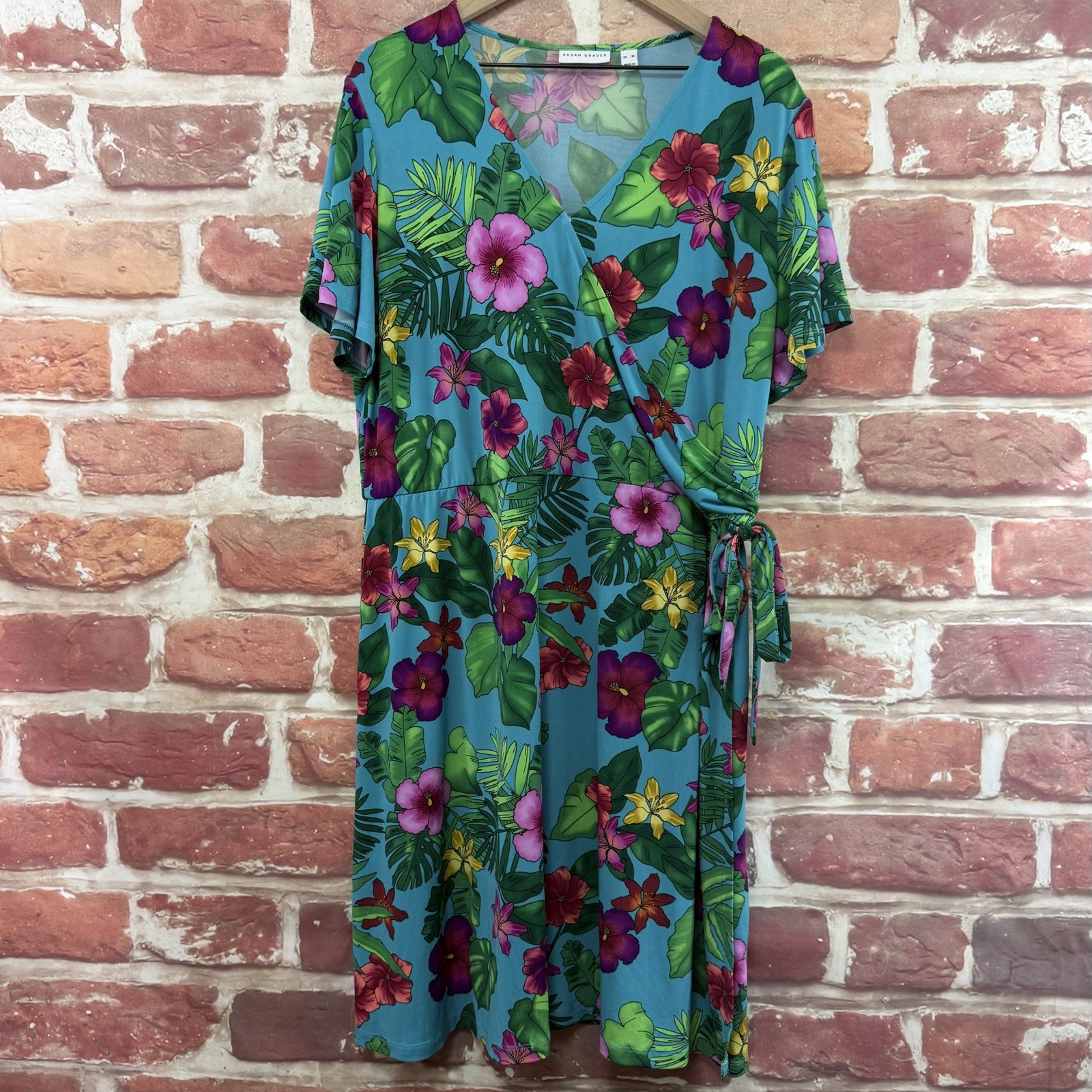 Susan Graver Dress Womens XL Blue Multicolor Tropical Floral Surplice Wrap Midi