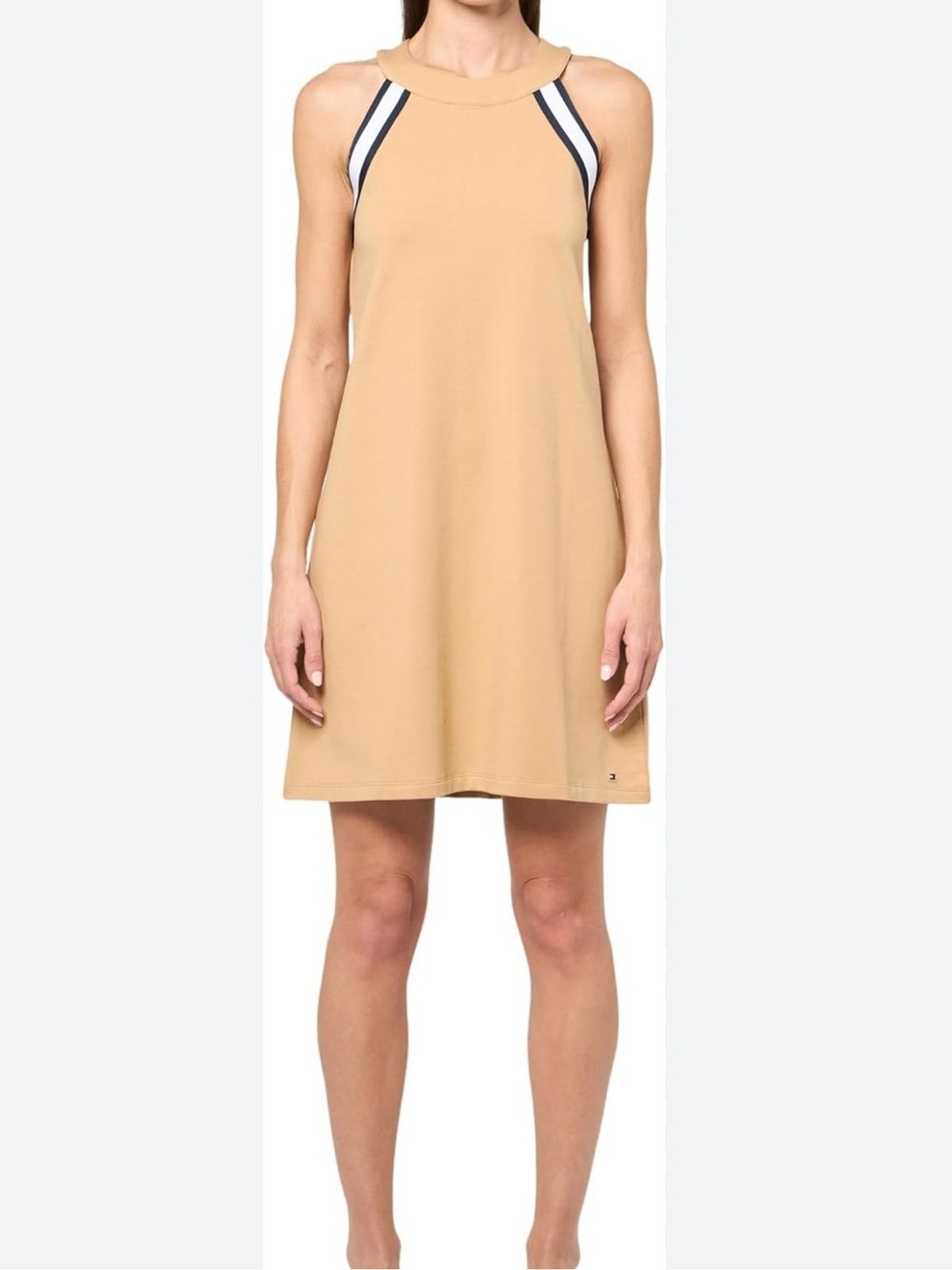Tommy Hilfiger Women’s Halter French Terry Mini Dress Tan Brown Navy White Large