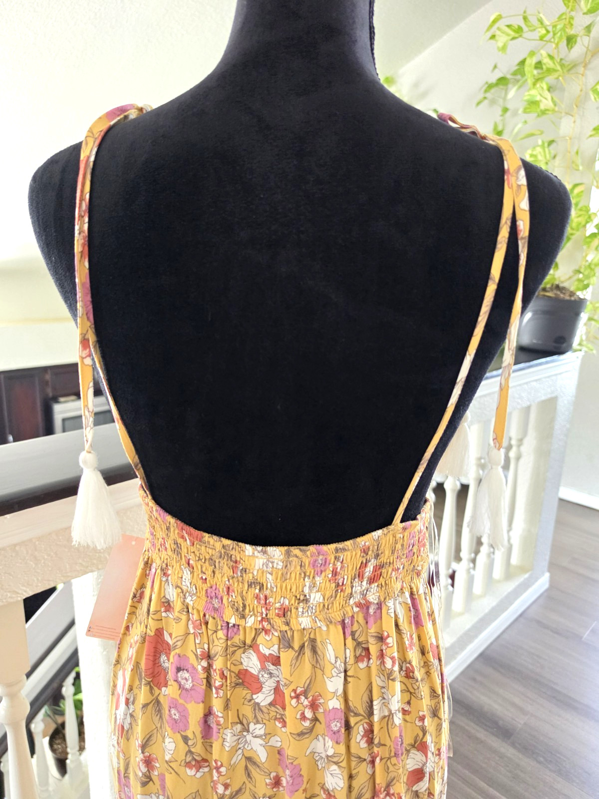 Inspired Hearts Yellow Floral V-Neck Tassel Tie Strappy Maxi Dress Womens L