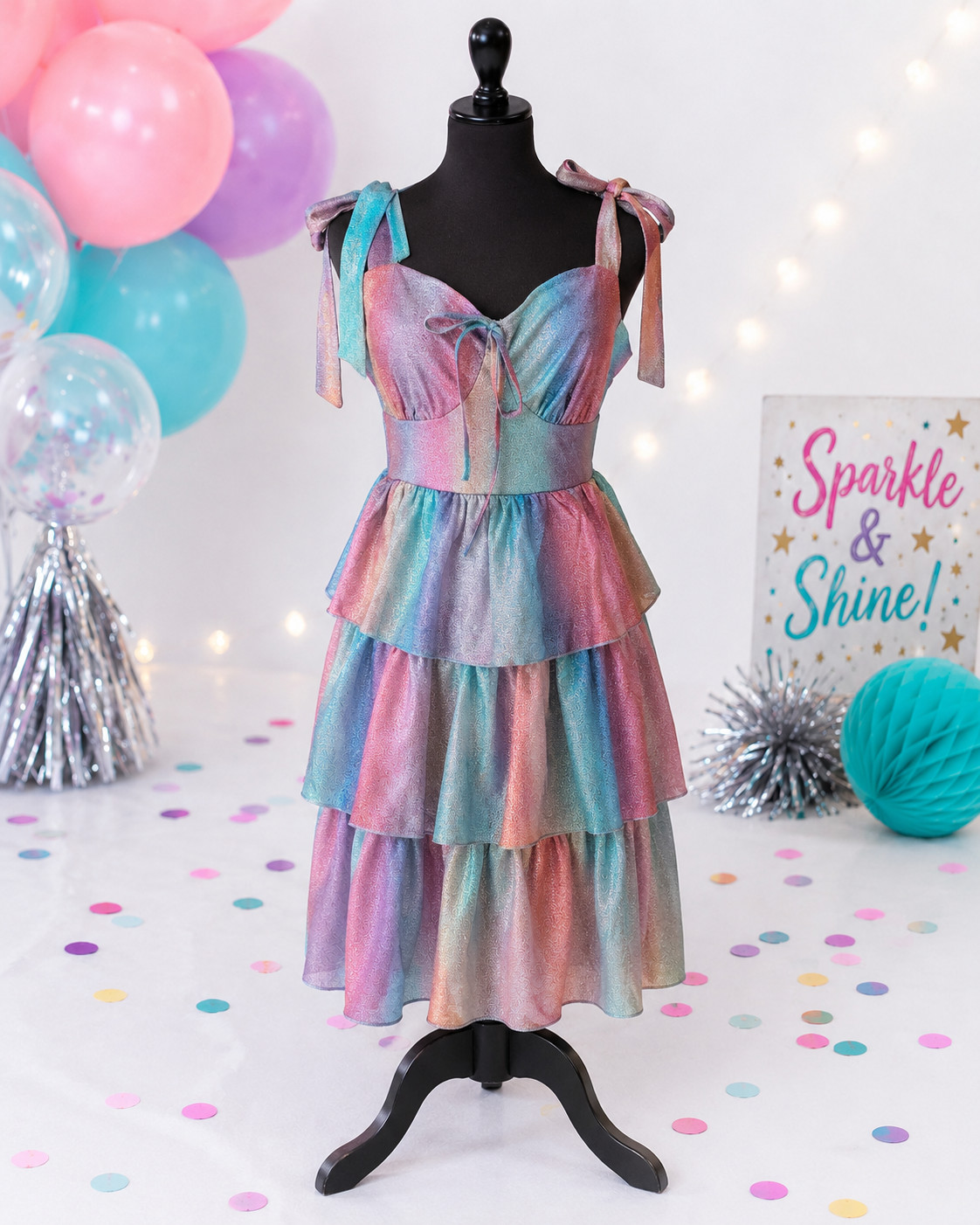 SHEIN Curve 2XL Rainbow Shimmer Ruffle Mini Dress Plus Size Party Tie Strap