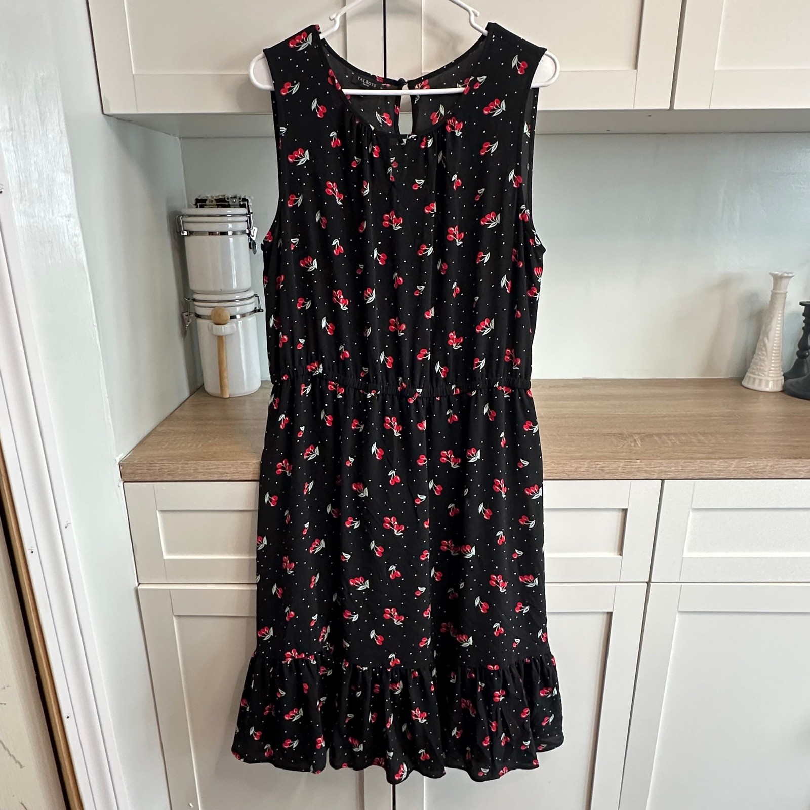 TALBOTS Cherry Print Fit & Flare Midi Dress Rockabilly Notch Neck Sz 16 Petite