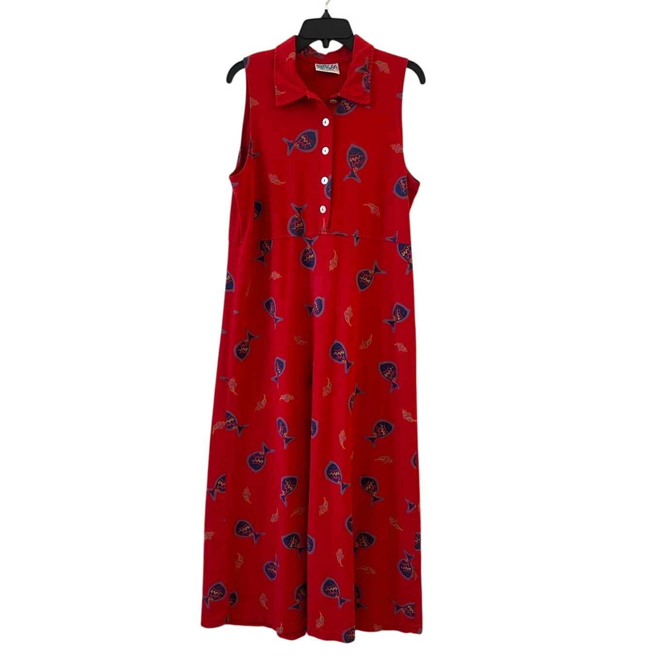 Vintage Zip Code Red Fish Print Maxi Dress Artsy Teacher Coastal Large