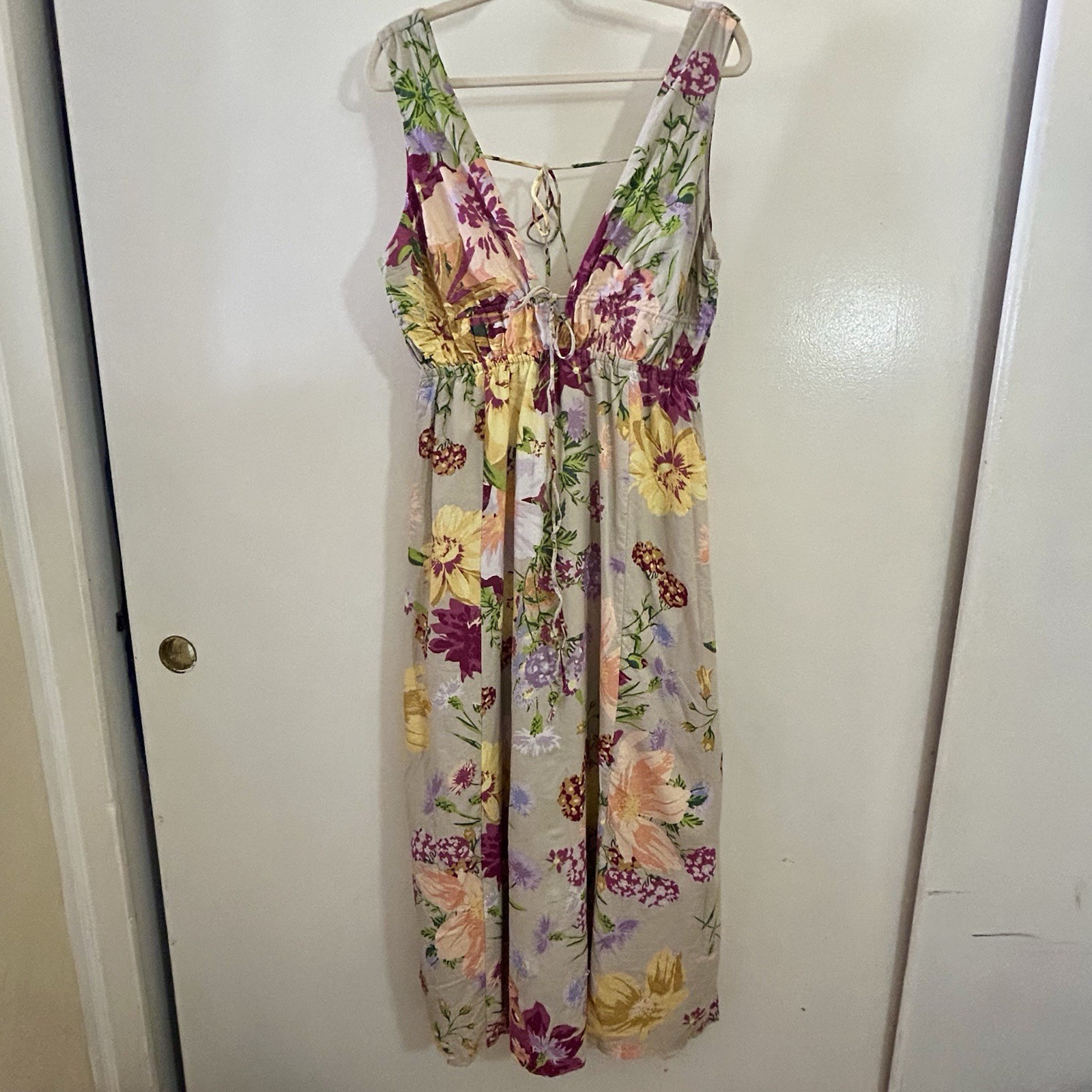 H&M Floral Summer Cotton Linen Maxi Dress Fully Lined Adjustable Long Large / L