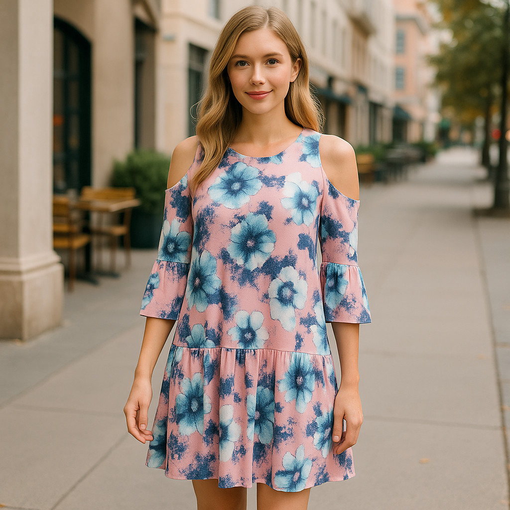 Floral Womens Dress Cold Shoulder Pink Tunic Drop Waist Size Small