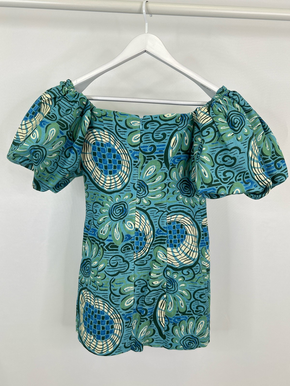 Rhode Dali Aquatic Bloom Mini Puff Linen Size 4 Blue & Green Women Dress